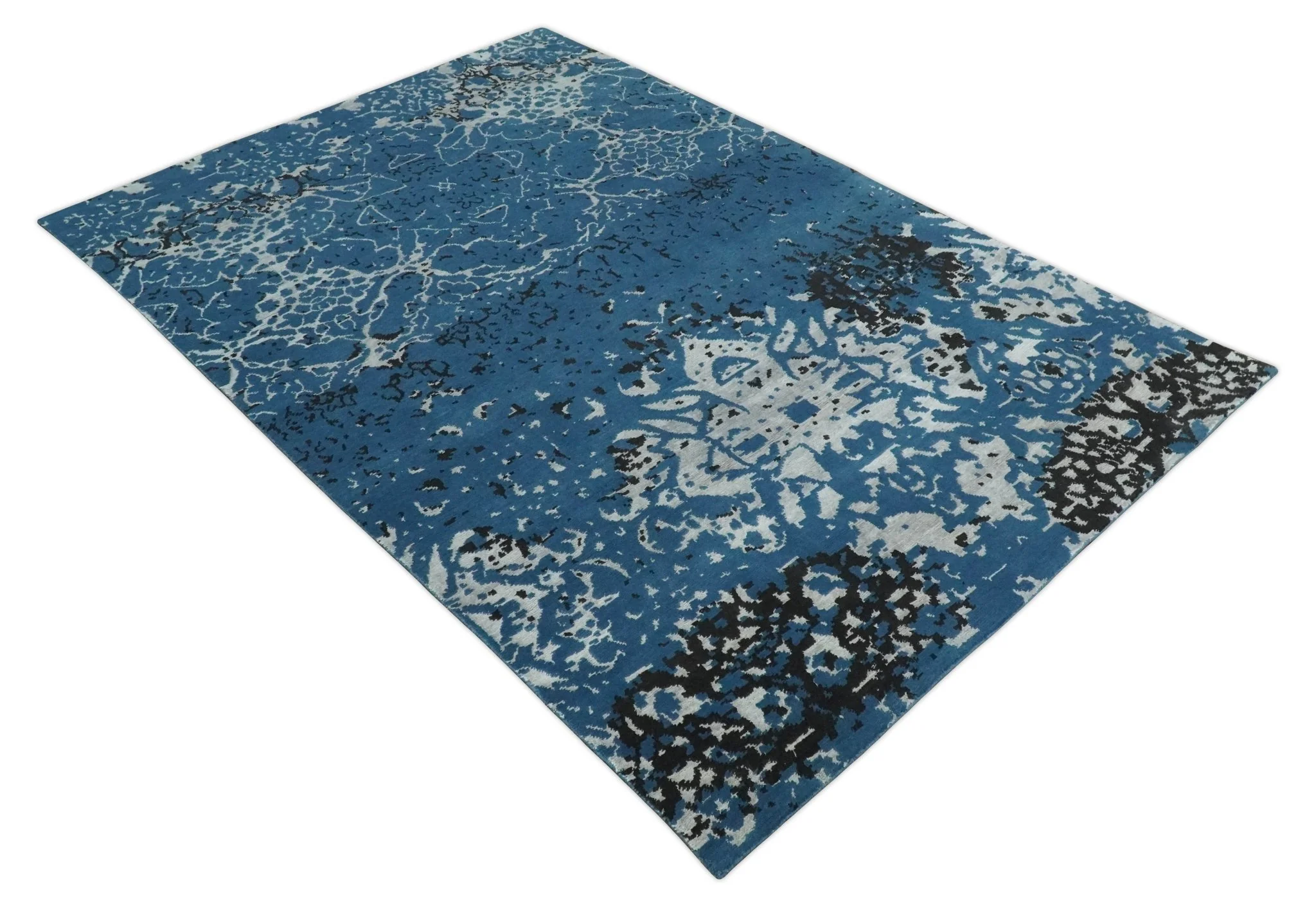 Transitional 7x10 Ivory, Blue and Black Modern Abstract Hand knotted Wool Area Rug - Image 9