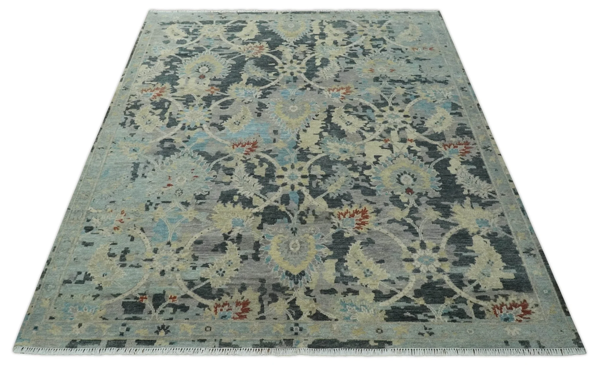 Transitional 9x12 Hand Knotted Silver, Charcoal and Beige Wool Area Rug - Image 10