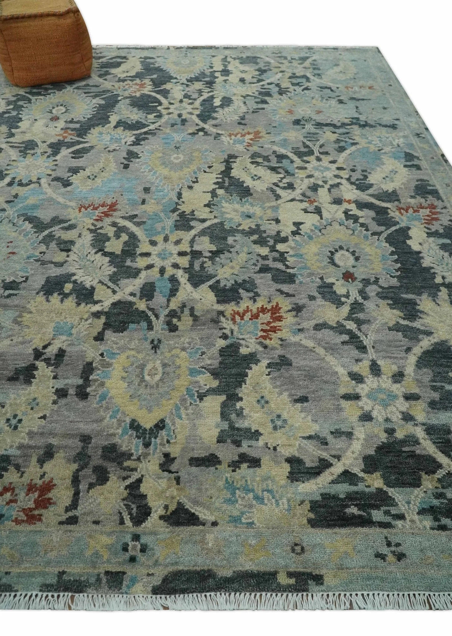 Transitional 9x12 Hand Knotted Silver, Charcoal and Beige Wool Area Rug - Image 3