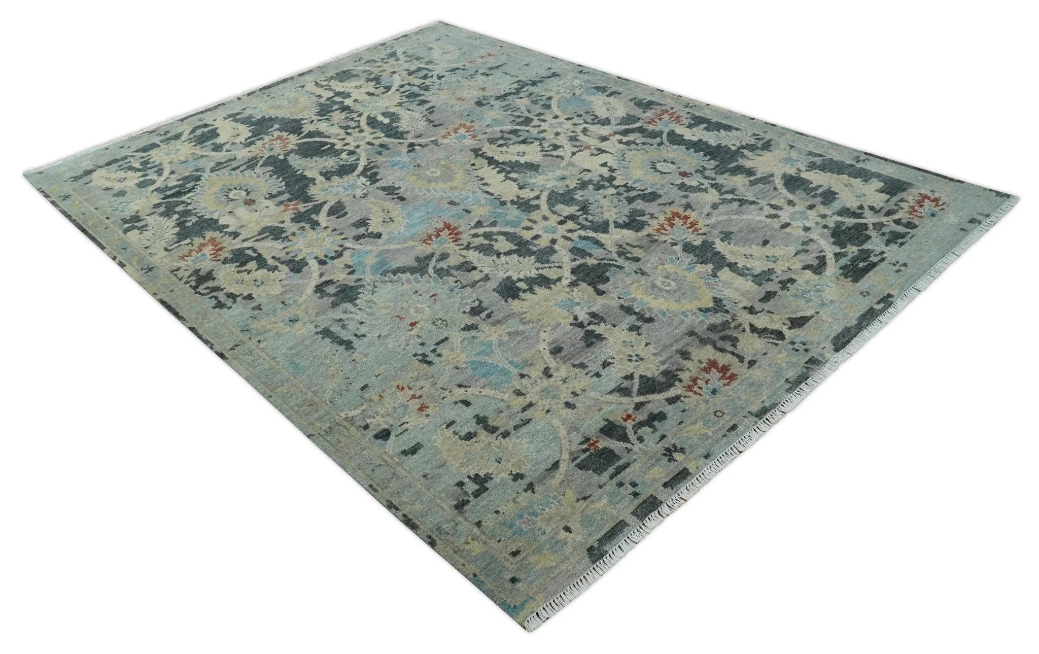 Transitional 9x12 Hand Knotted Silver, Charcoal and Beige Wool Area Rug - Image 9