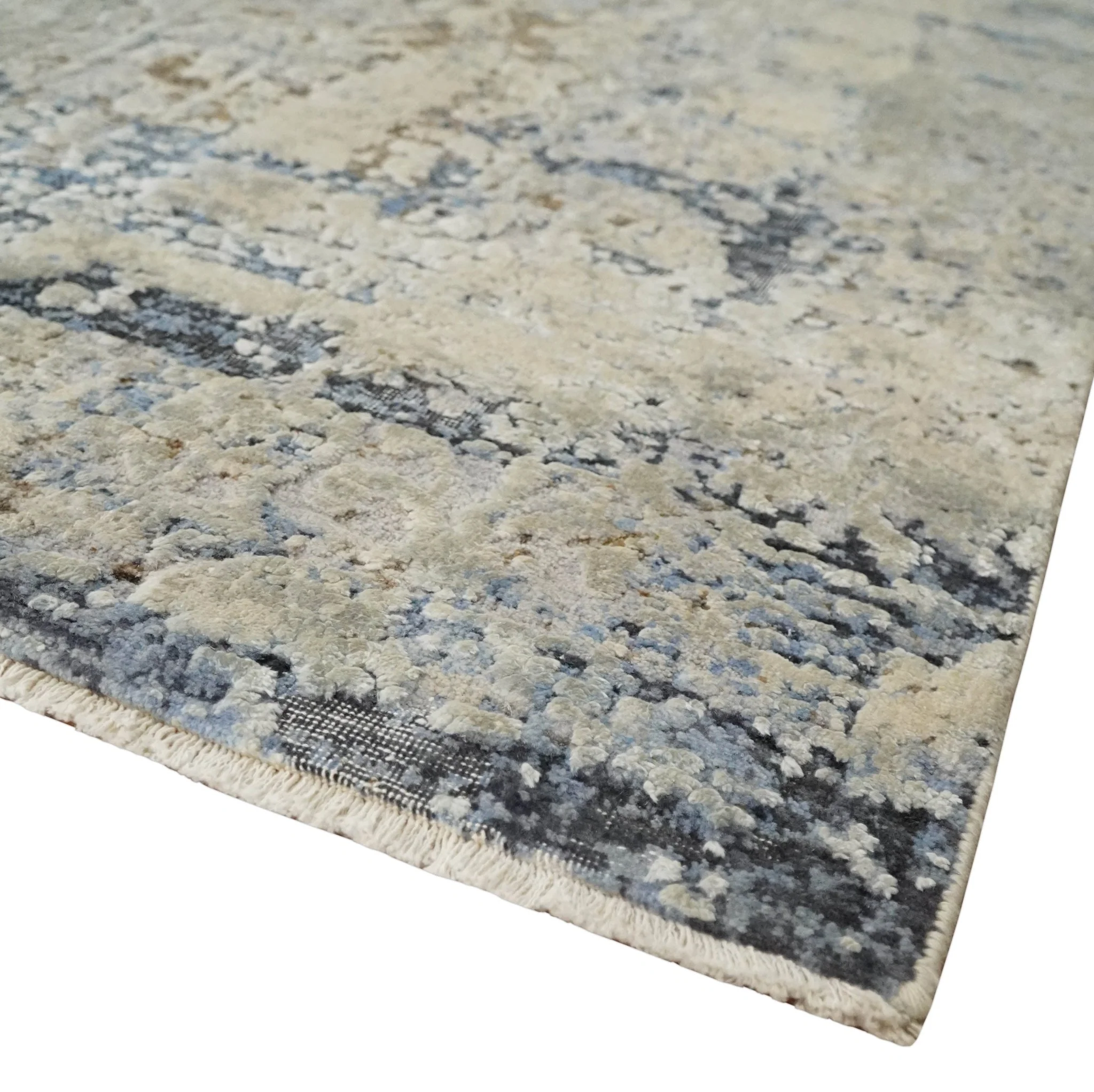 Premium Fine 8x10 Silver, Beige and Charcoal Traditional Floral High Low texture Hand Knotted Wool and Art Silk Rug - Image 5