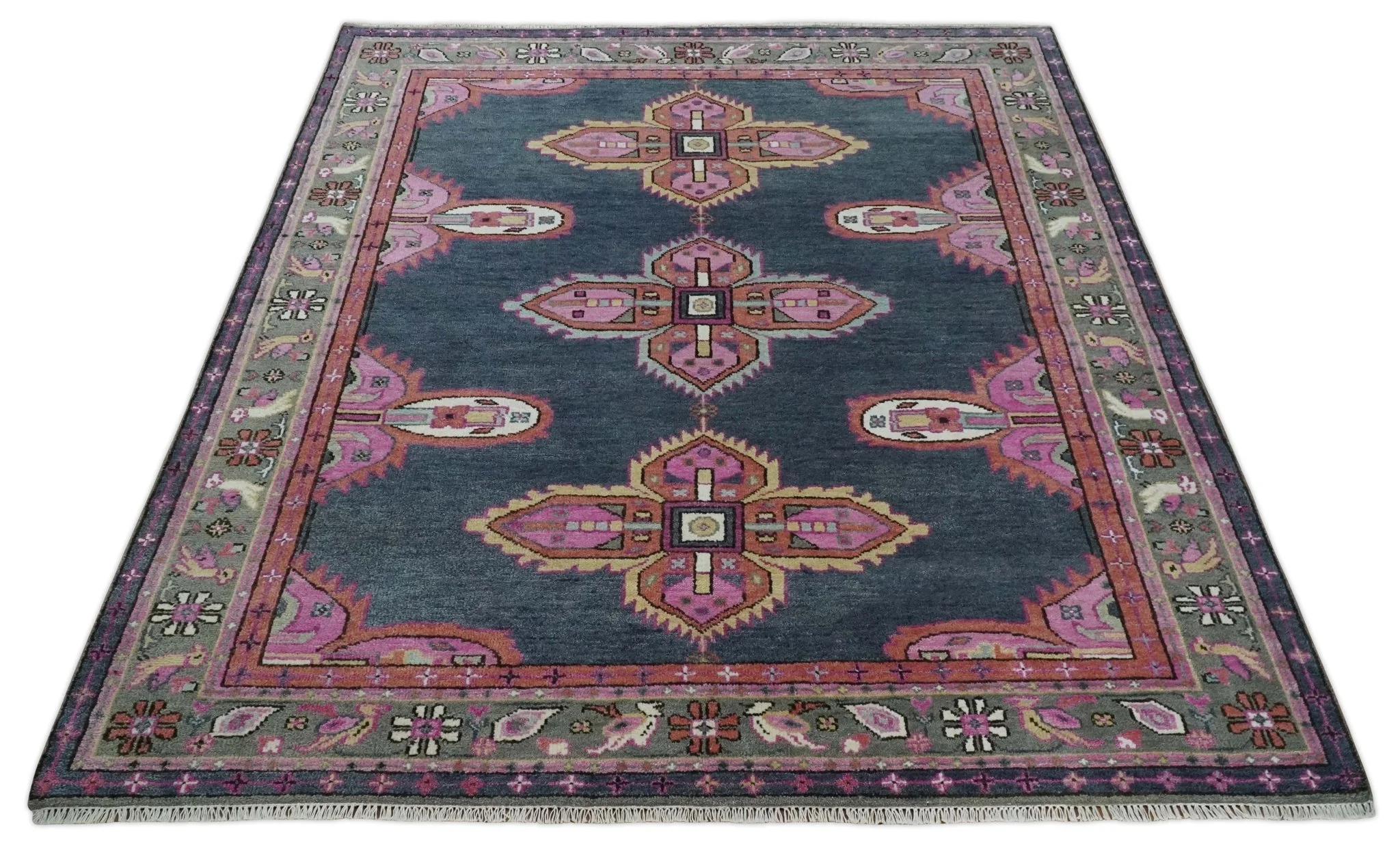 8x10 Hand Knotted Charcoal, Silver and Pink Traditional Wool Area Rug - Image 10