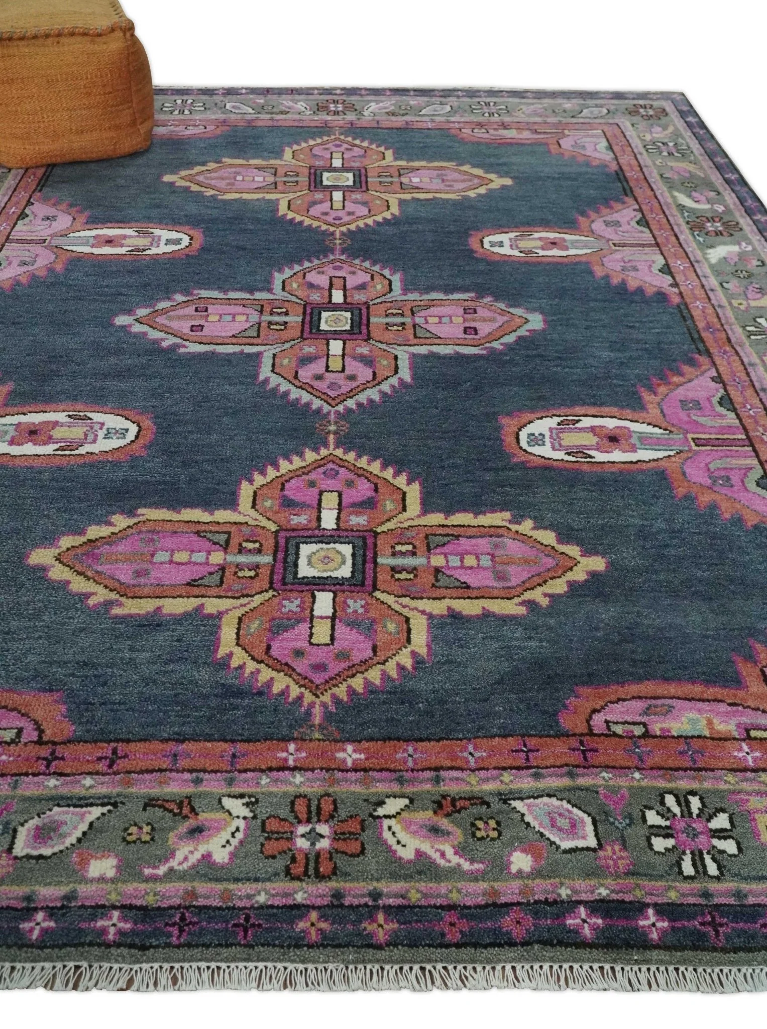 8x10 Hand Knotted Charcoal, Silver and Pink Traditional Wool Area Rug - Image 3
