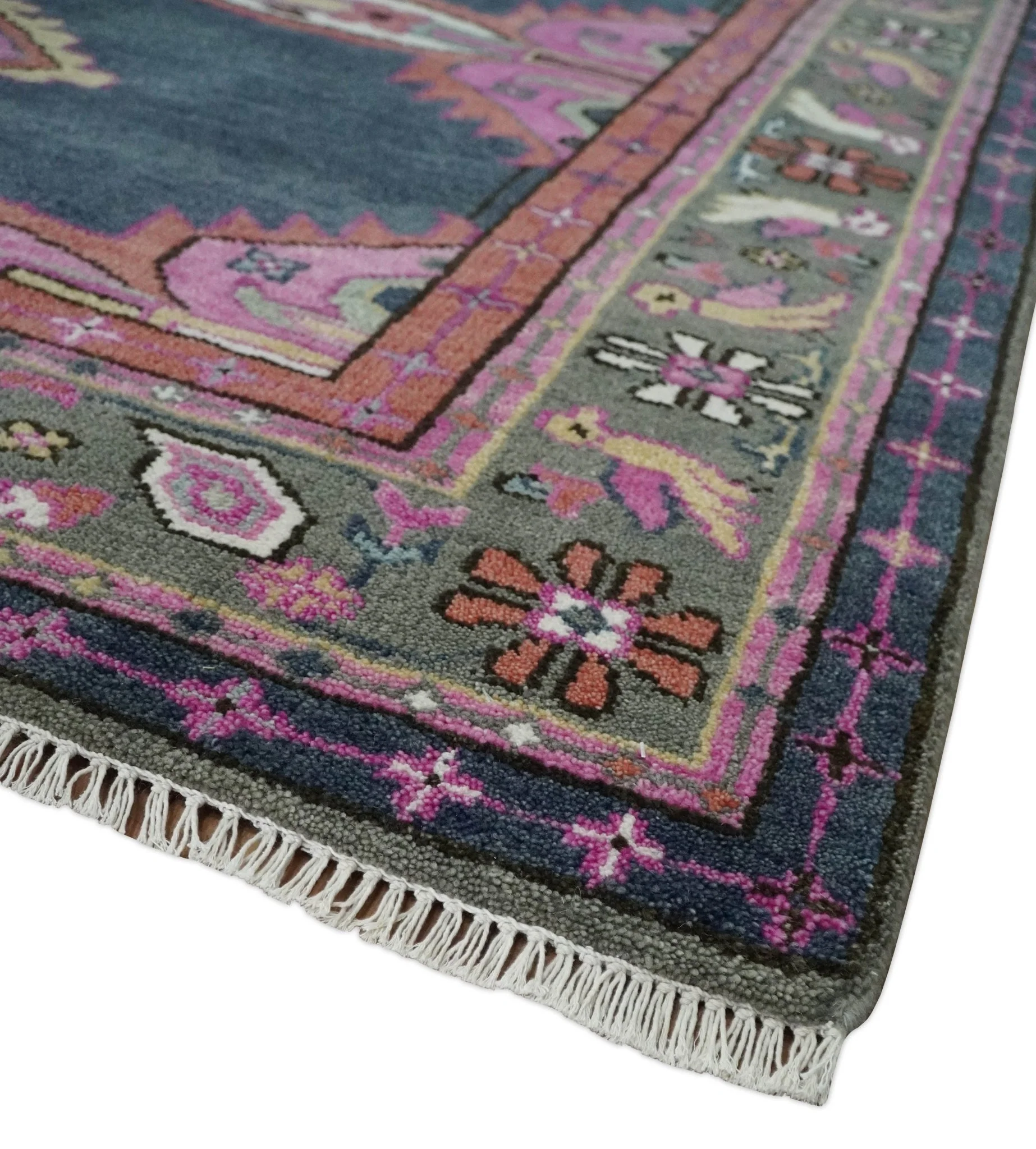 8x10 Hand Knotted Charcoal, Silver and Pink Traditional Wool Area Rug - Image 5