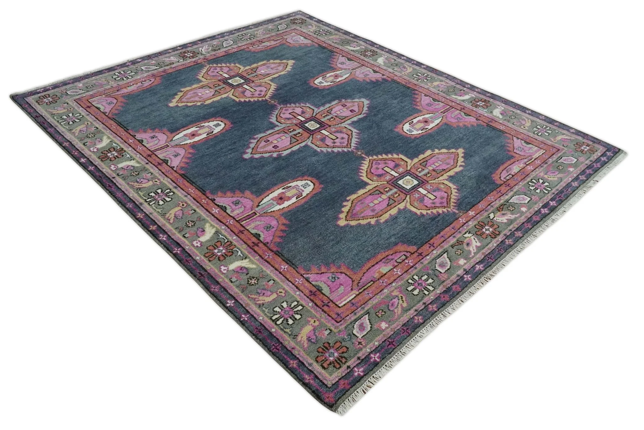 8x10 Hand Knotted Charcoal, Silver and Pink Traditional Wool Area Rug - Image 9