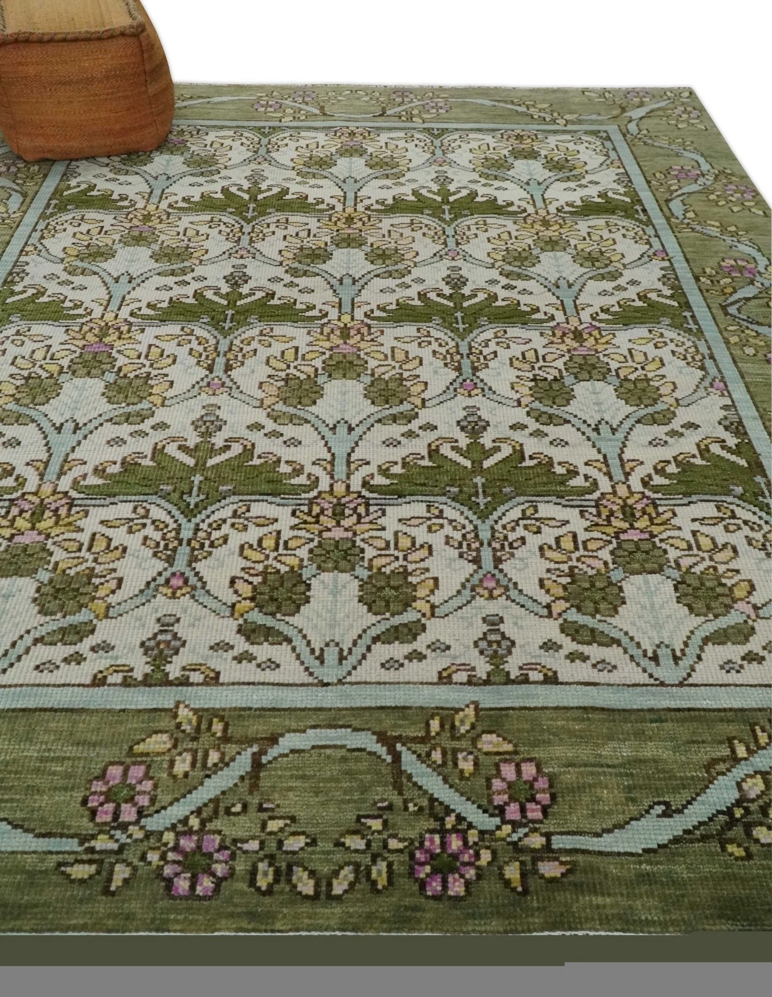8.6x10 Hand Knotted Ivory and Green Floral Traditional Antique Style Wool Area Rug - Image 3