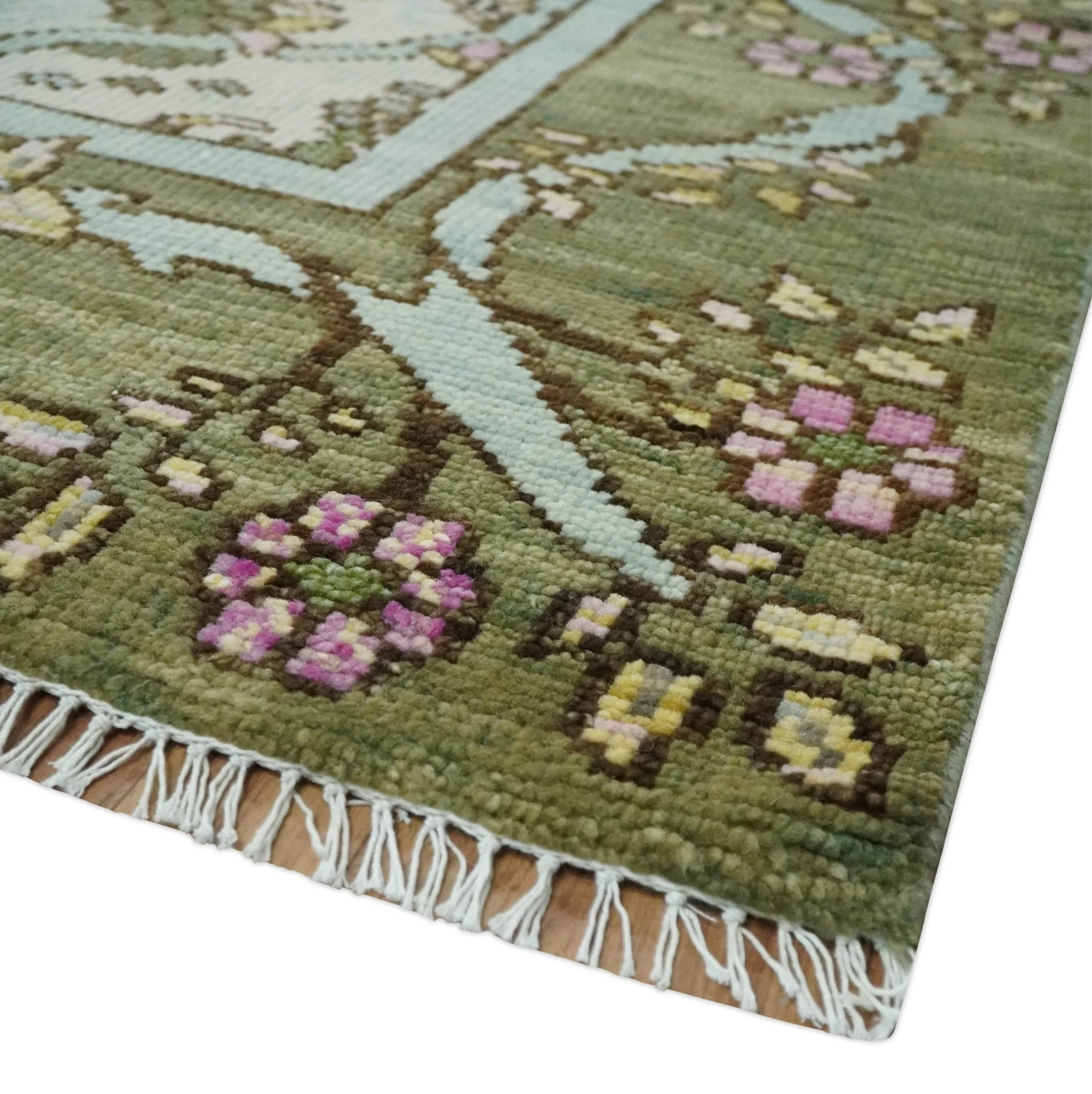 8.6x10 Hand Knotted Ivory and Green Floral Traditional Antique Style Wool Area Rug - Image 5
