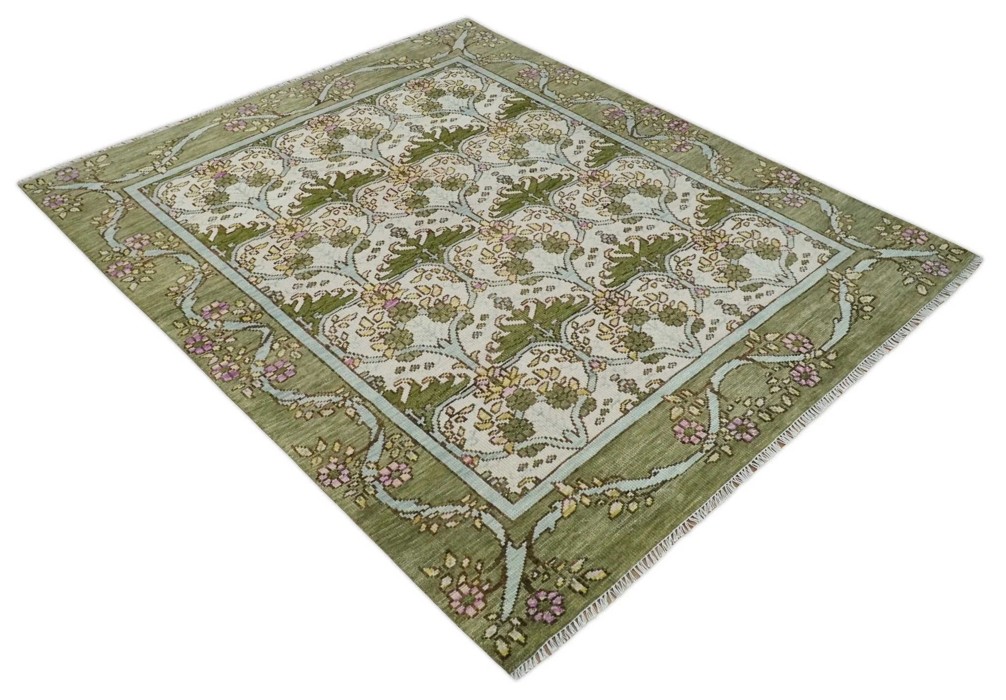 8.6x10 Hand Knotted Ivory and Green Floral Traditional Antique Style Wool Area Rug - Image 9