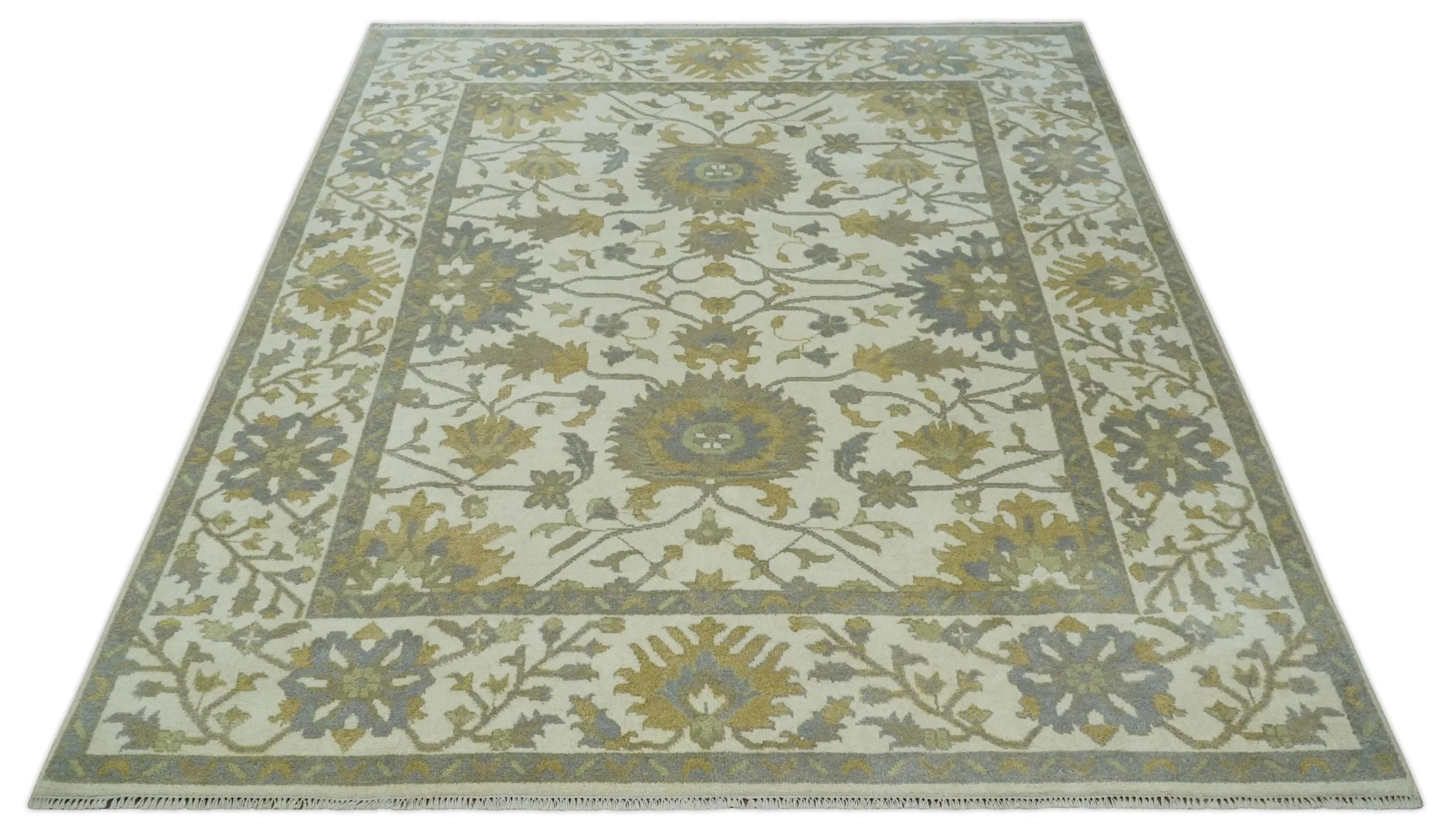 8.6x10 Ivory, Beige and Charcoal Hand Knotted Heriz Serapi Floral Area Rug | TRDCP1186810 - Image 10