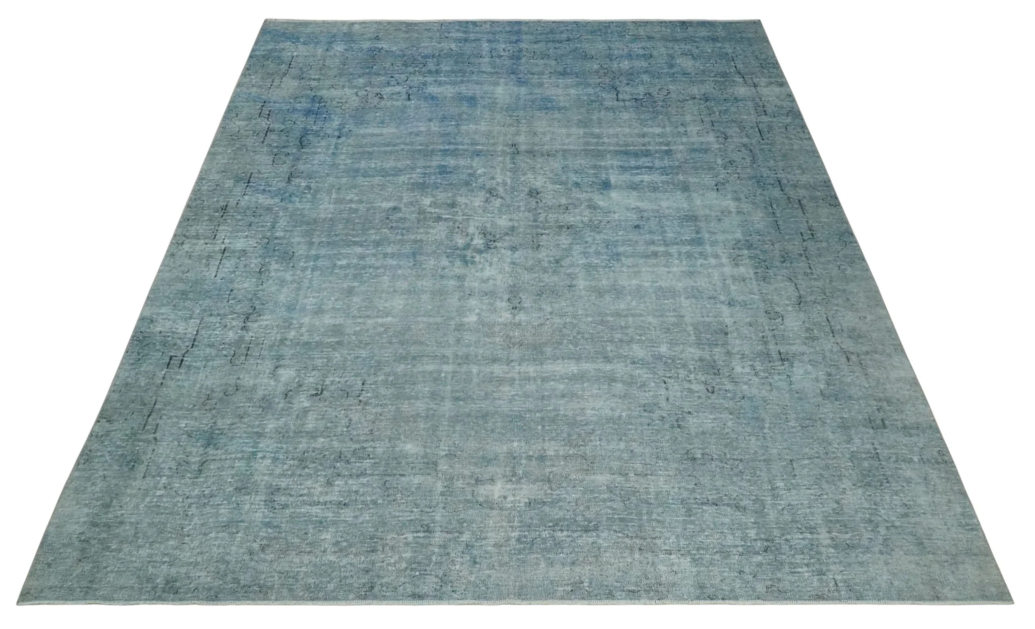Blue Fine Hand Knotted Distressed Antique Finish 8x11 Wool Area Rug - Image 9