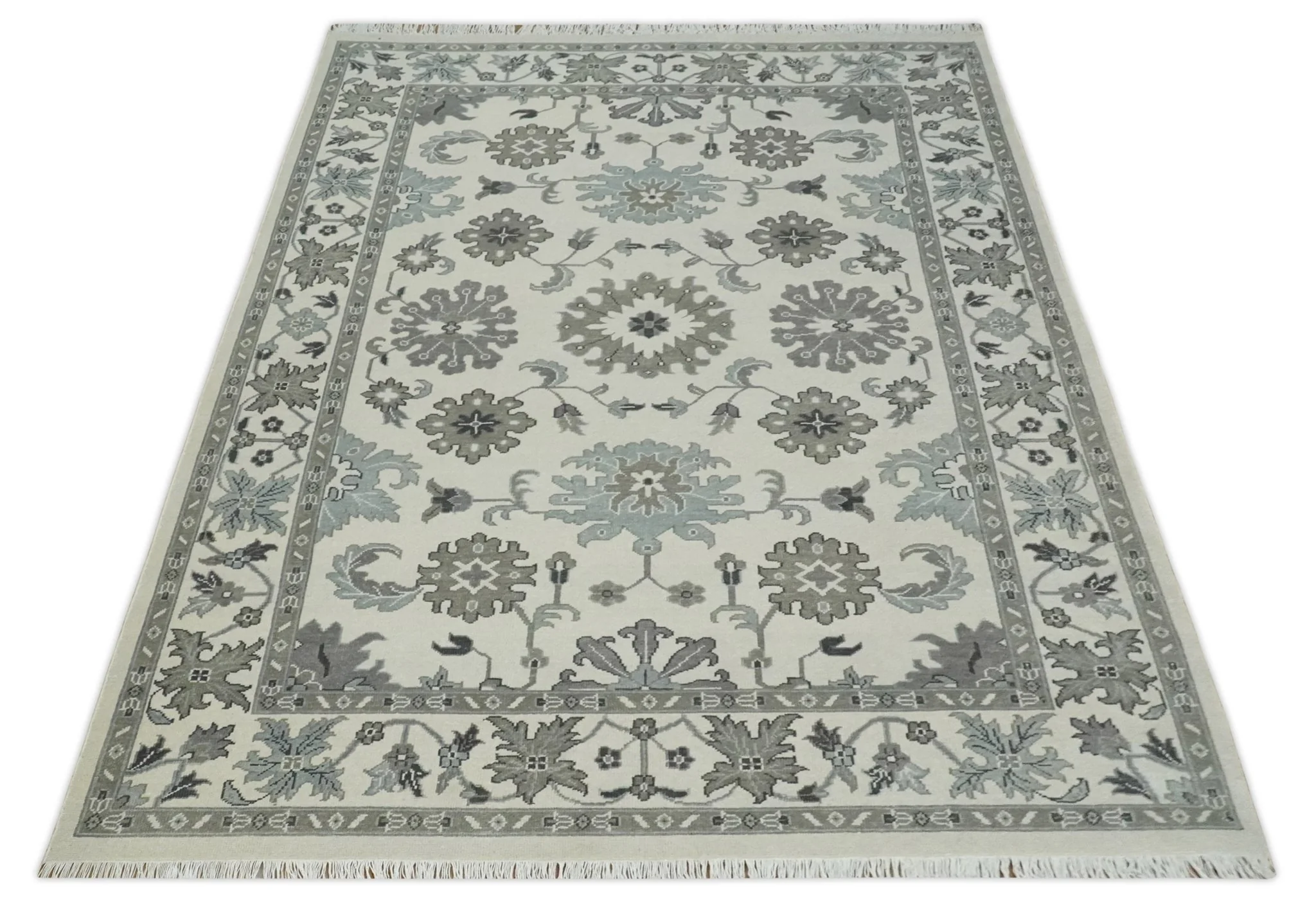 8.6x12 Traditional Ivory and Taupe Antique Style Hand knotted Traditional Wool Area Rug | AC408612 - Image 10