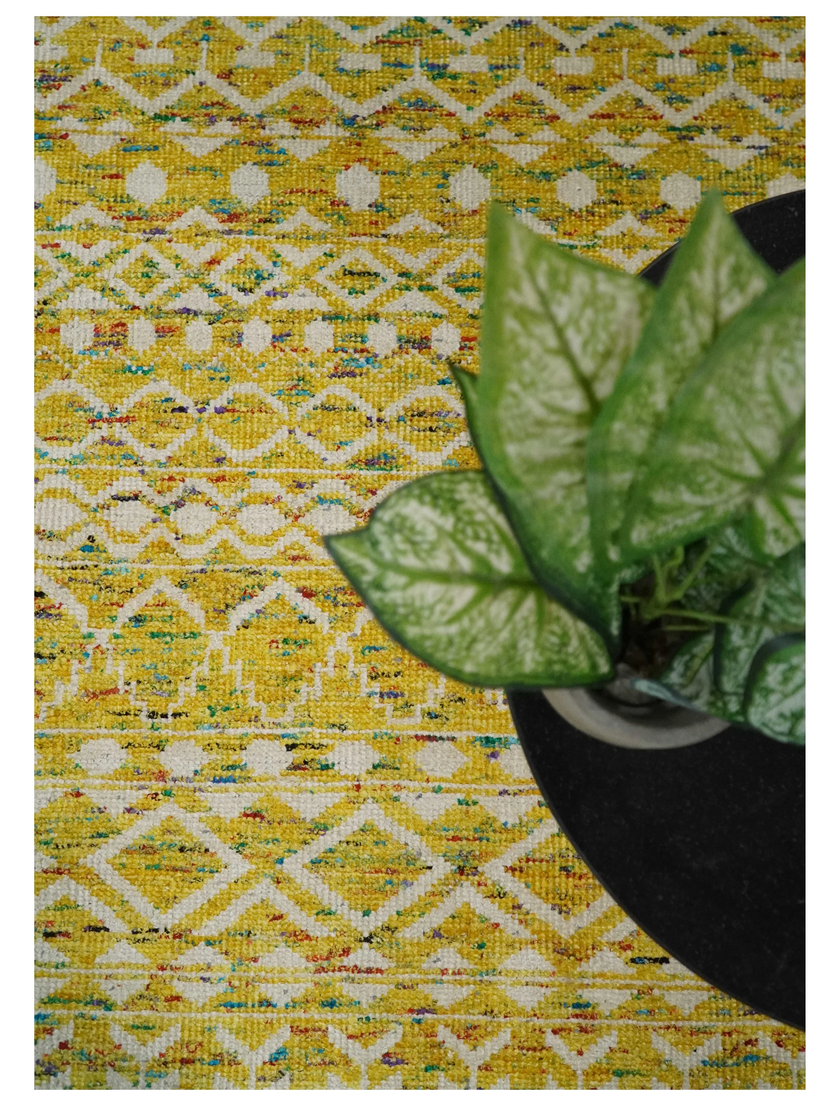 8.7x11.4 Hand Knotted Gold and White Ivory Contemporary Southwestern Tribal Trellis Recycled Silk Area Rug | OP4 - Image 11