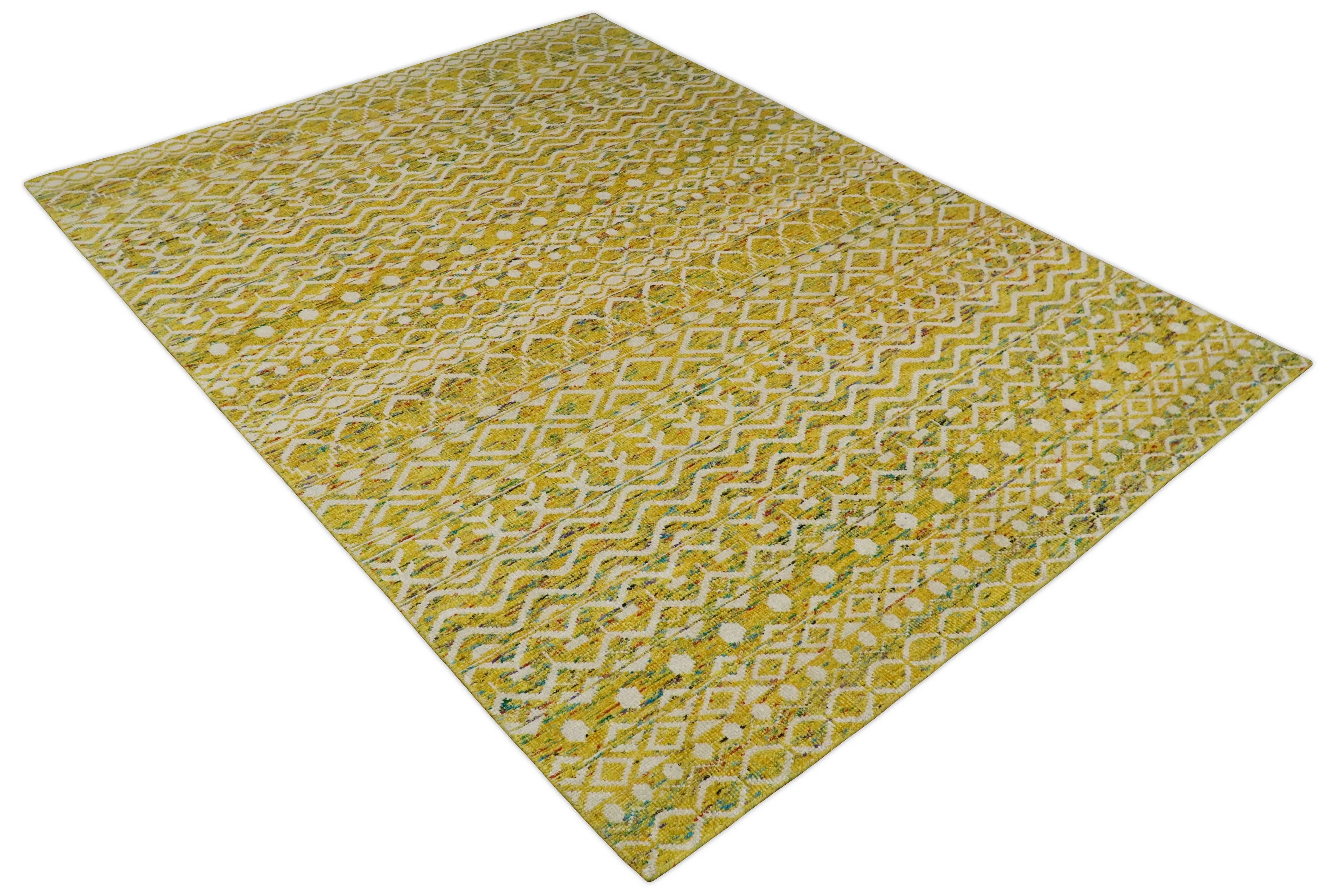 8.7x11.4 Hand Knotted Gold and White Ivory Contemporary Southwestern Tribal Trellis Recycled Silk Area Rug | OP4 - Image 12