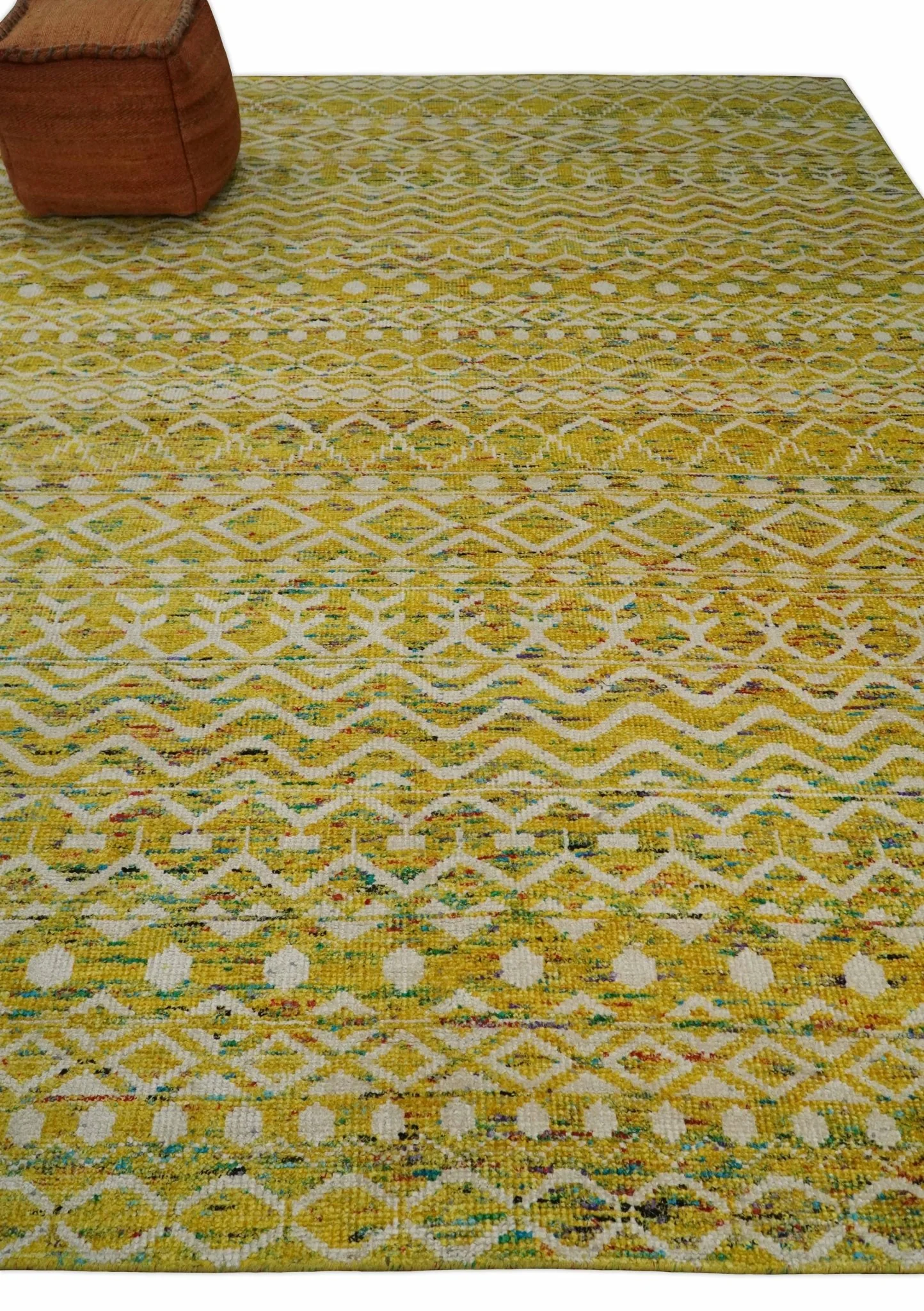 8.7x11.4 Hand Knotted Gold and White Ivory Contemporary Southwestern Tribal Trellis Recycled Silk Area Rug | OP4 - Image 3