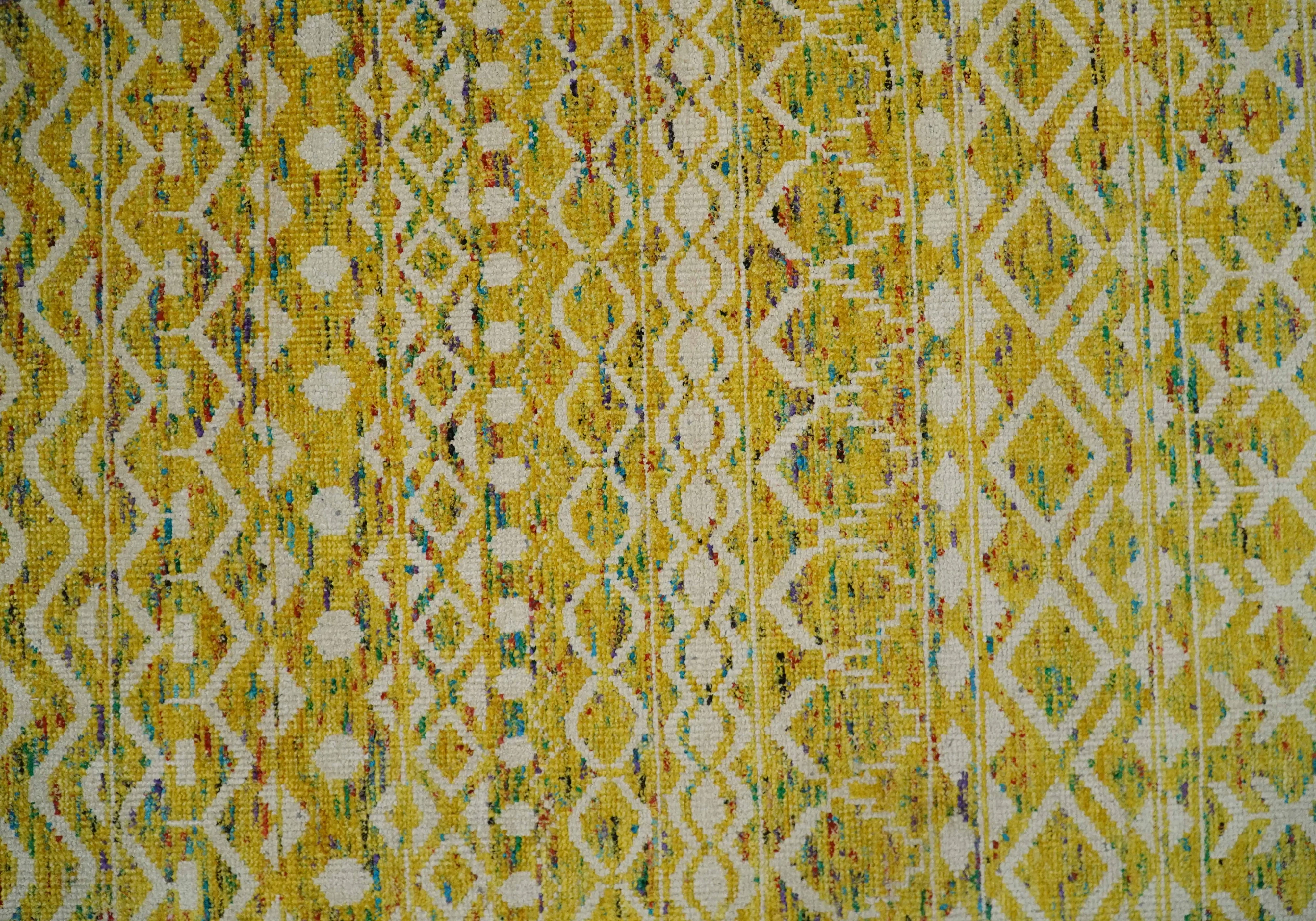 8.7x11.4 Hand Knotted Gold and White Ivory Contemporary Southwestern Tribal Trellis Recycled Silk Area Rug | OP4 - Image 4