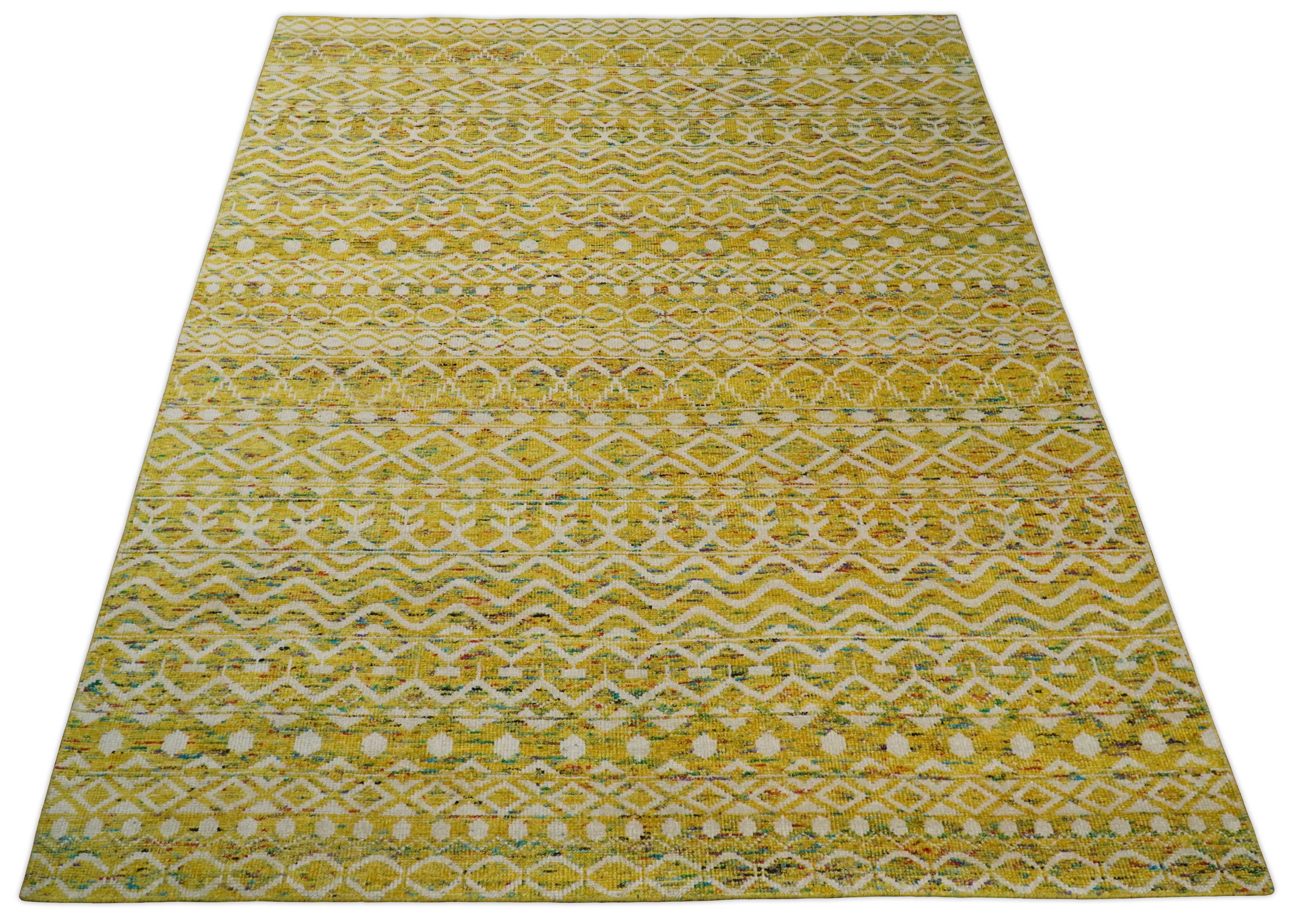 8.7x11.4 Hand Knotted Gold and White Ivory Contemporary Southwestern Tribal Trellis Recycled Silk Area Rug | OP4 - Image 6