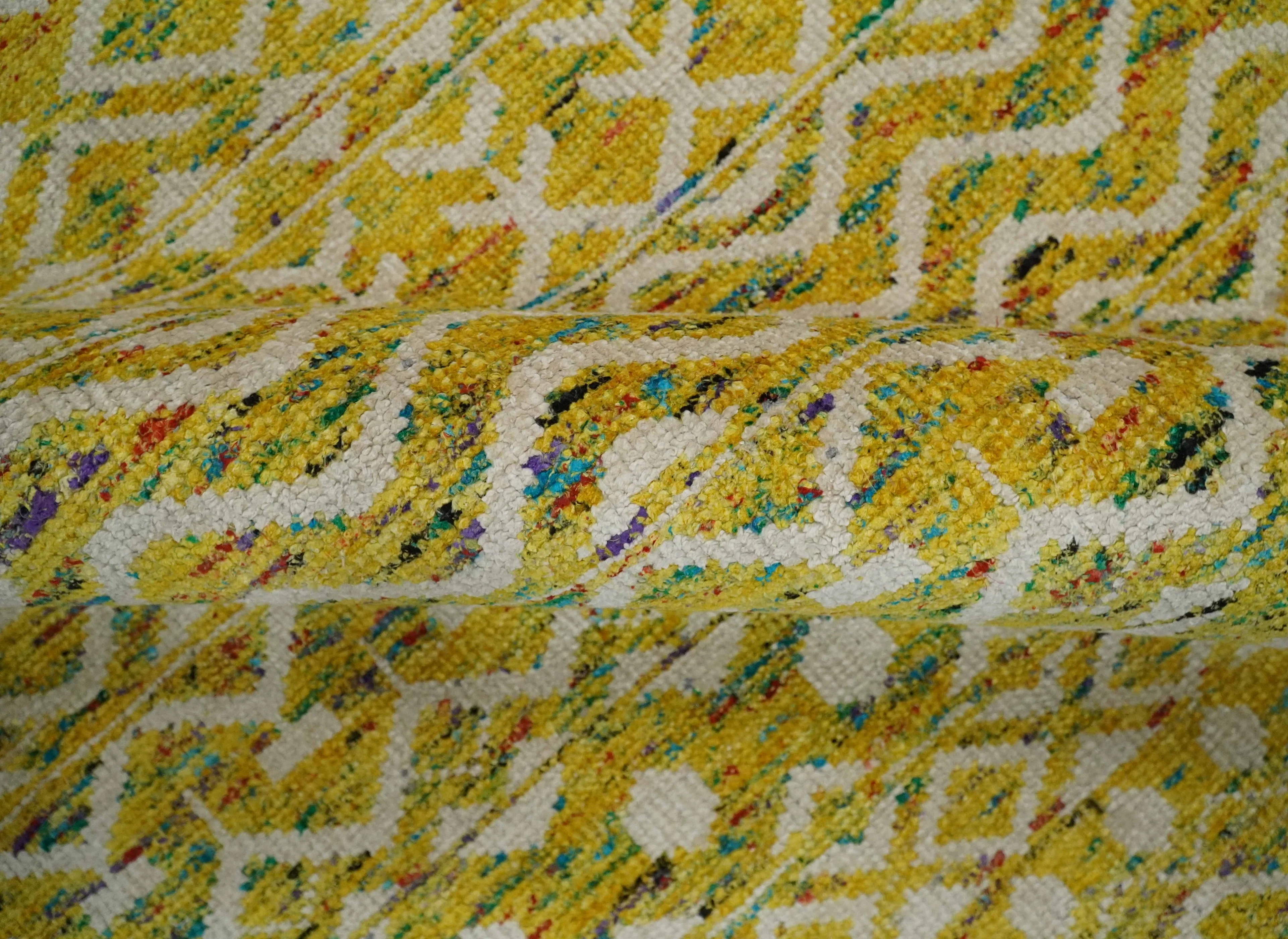 8.7x11.4 Hand Knotted Gold and White Ivory Contemporary Southwestern Tribal Trellis Recycled Silk Area Rug | OP4 - Image 7