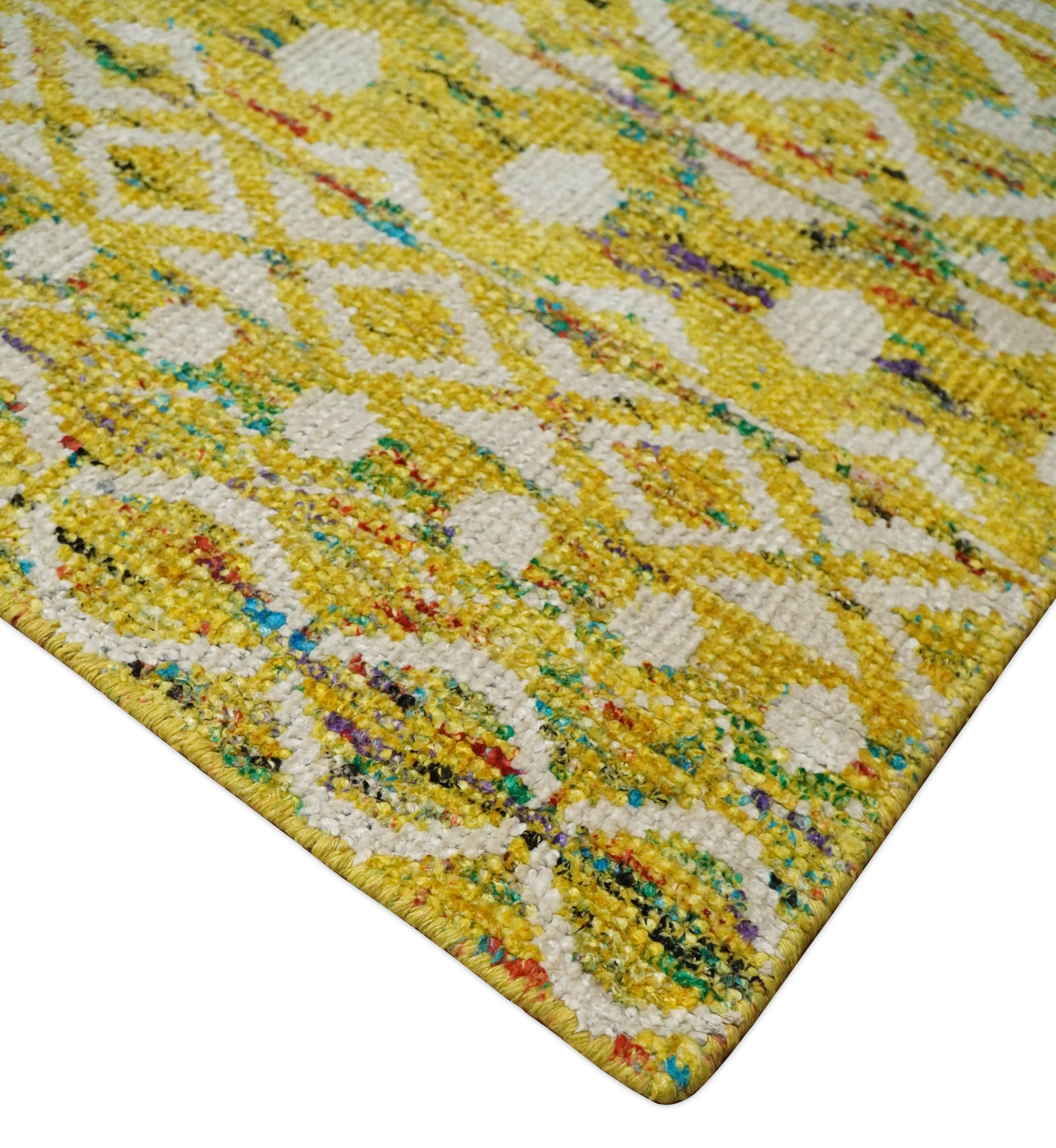 8.7x11.4 Hand Knotted Gold and White Ivory Contemporary Southwestern Tribal Trellis Recycled Silk Area Rug | OP4 - Image 8
