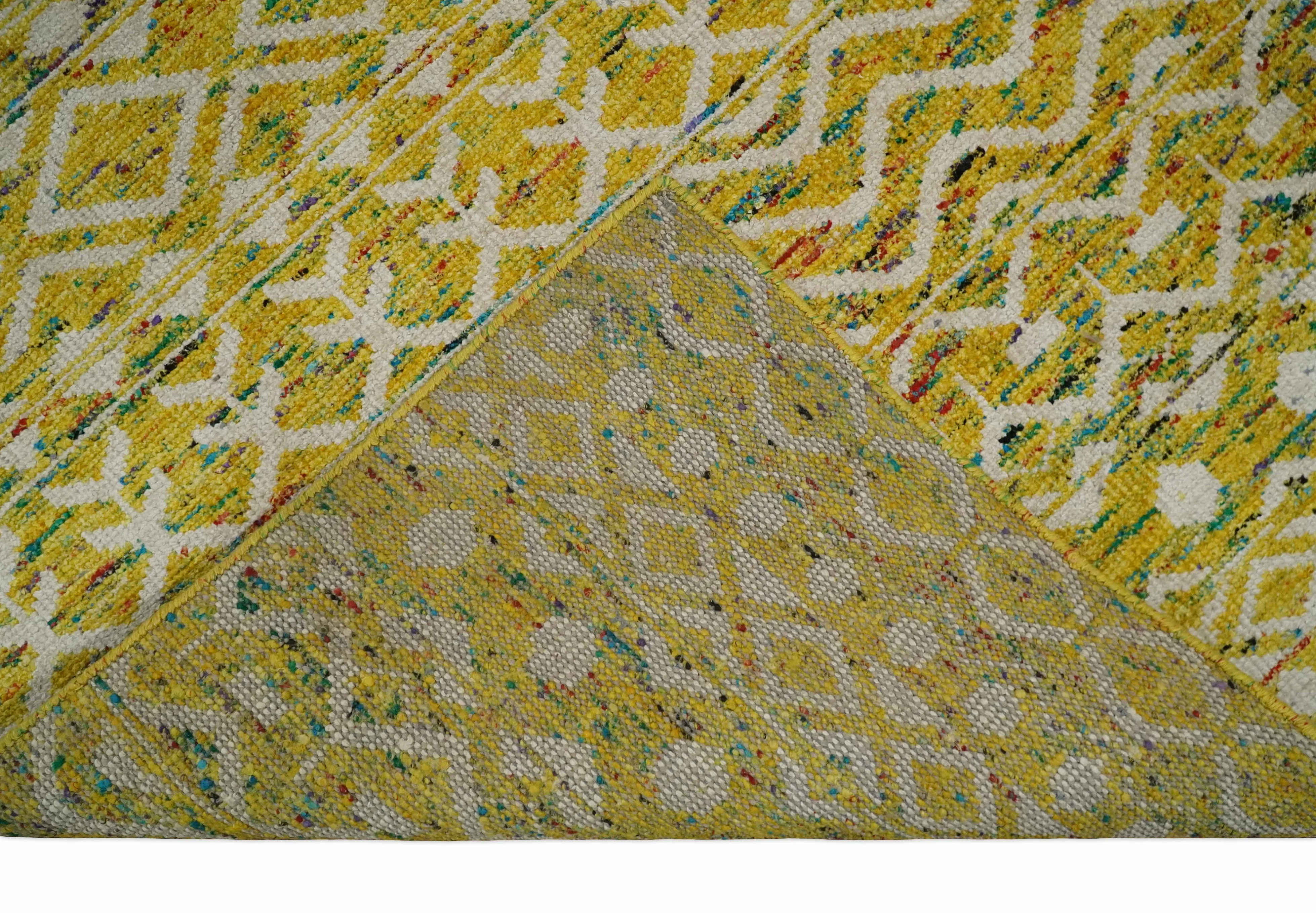 8.7x11.4 Hand Knotted Gold and White Ivory Contemporary Southwestern Tribal Trellis Recycled Silk Area Rug | OP4 - Image 9