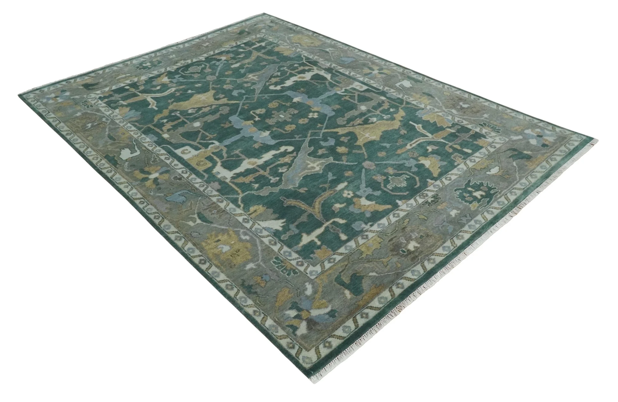 Oriental Oushak Teal Green and Gray 9x12 Hand Knotted Wool Area Rug - Image 9