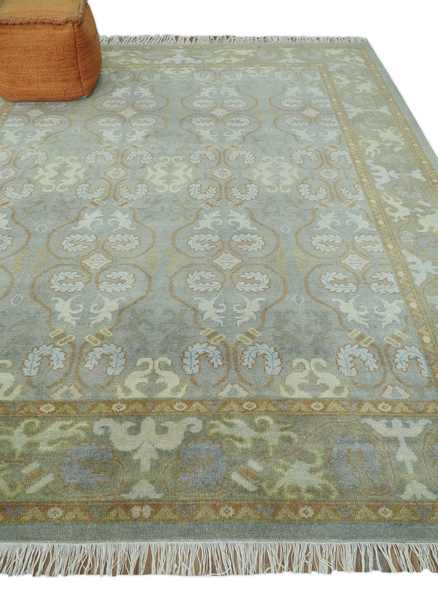 Antique Persian 8x10 Hand Knotted Gray and Beige Traditional Persian Oushak Wool Rug | AC1810 - Image 3