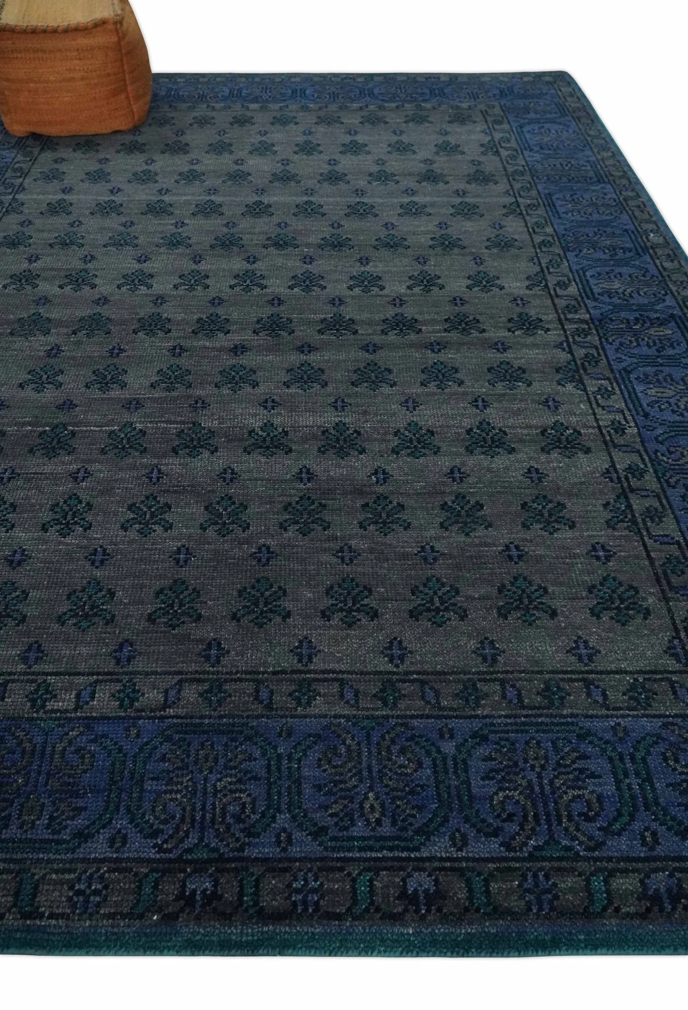 Gray and Blue Traditional Hand Knotted Antique Style low Pile Custom Made Wool Area Rug - Image 3