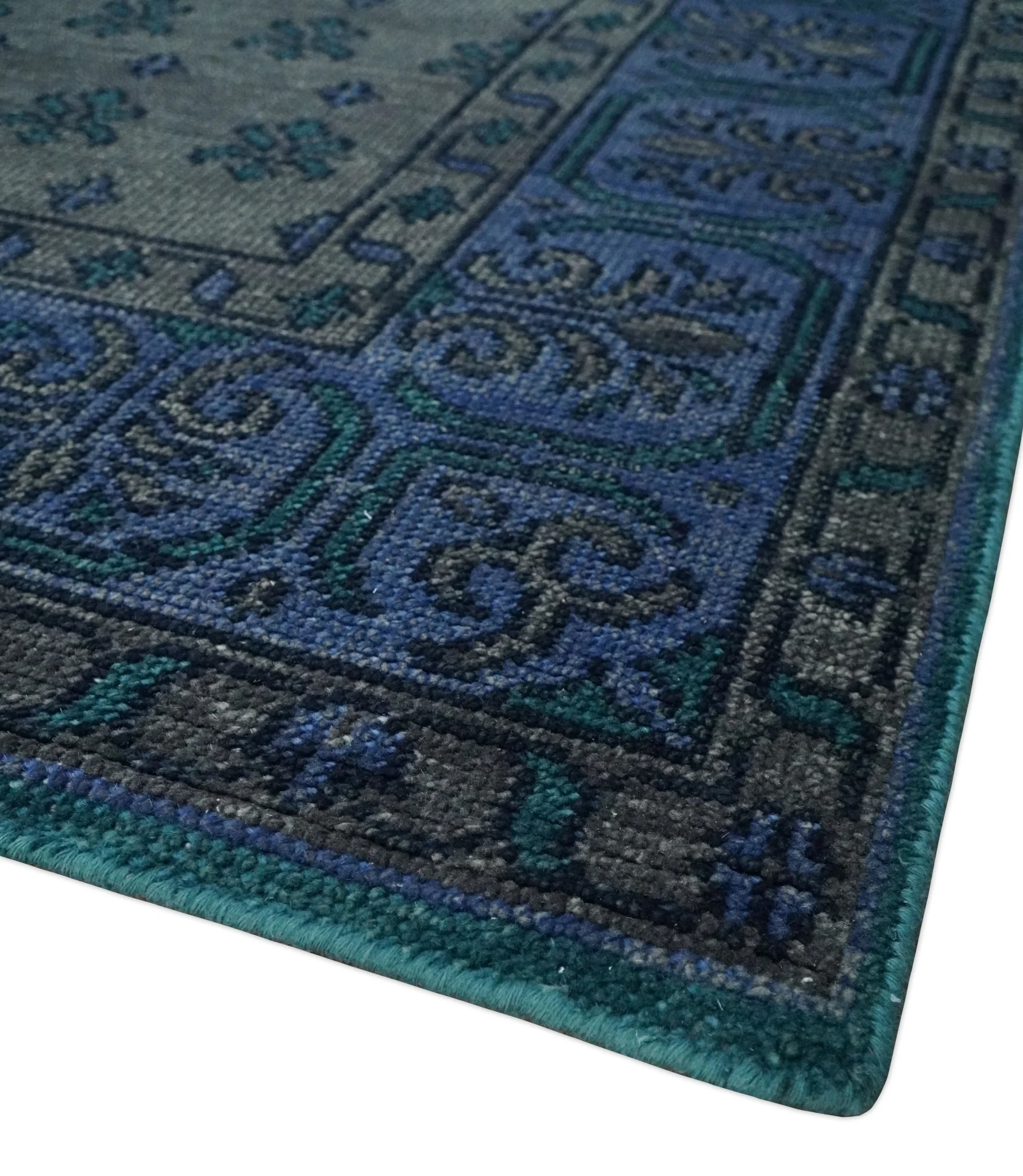 Gray and Blue Traditional Hand Knotted Antique Style low Pile Custom Made Wool Area Rug - Image 5