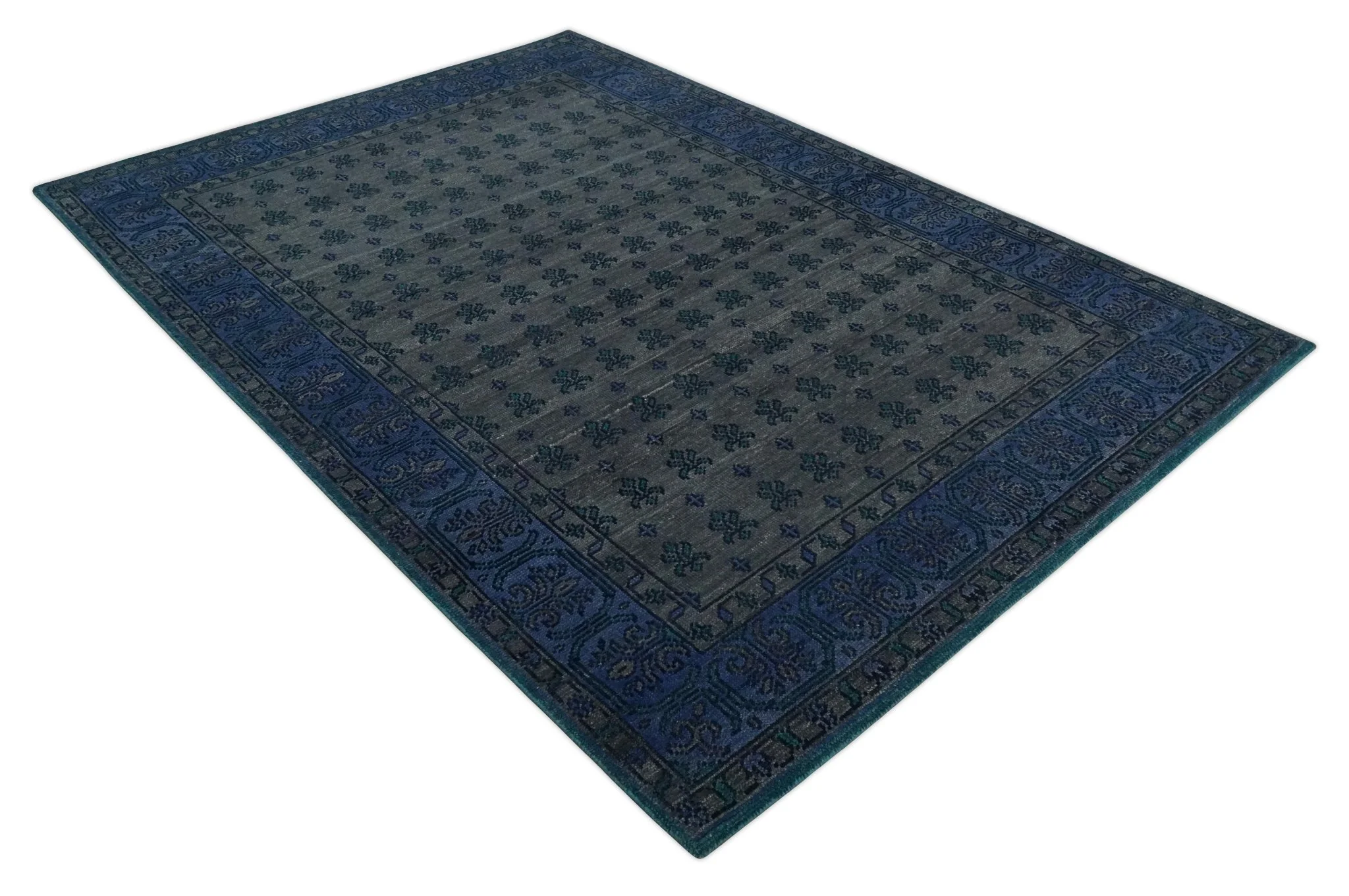 Gray and Blue Traditional Hand Knotted Antique Style low Pile Custom Made Wool Area Rug - Image 8