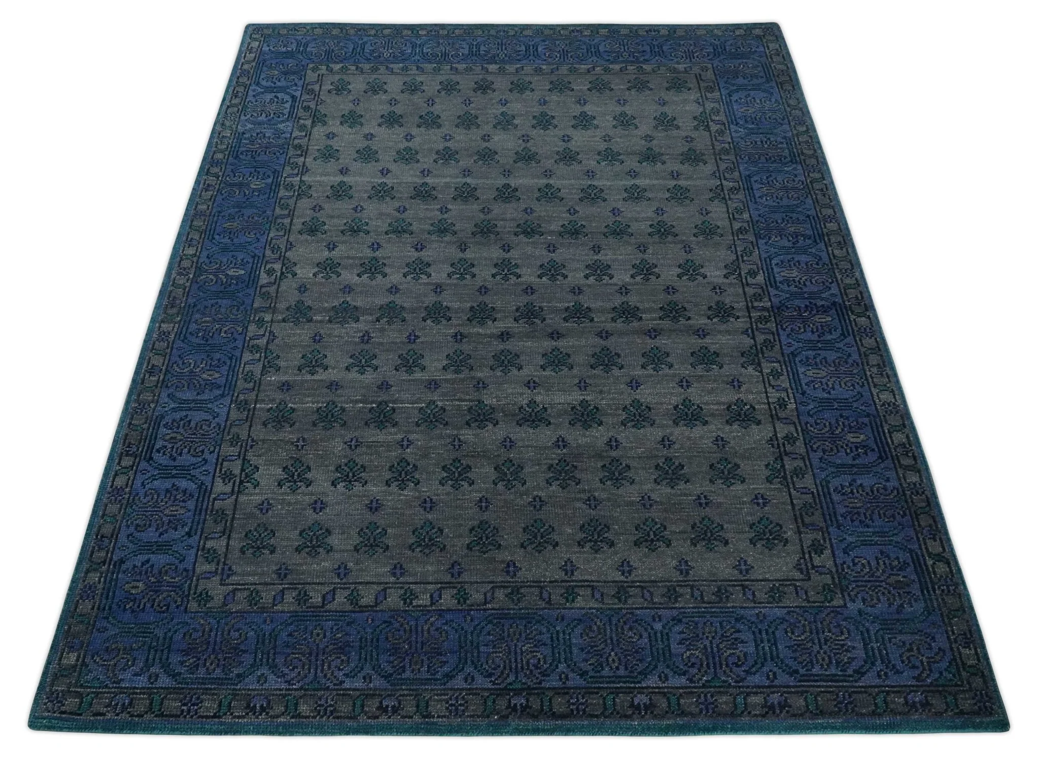 Gray and Blue Traditional Hand Knotted Antique Style low Pile Custom Made Wool Area Rug - Image 9