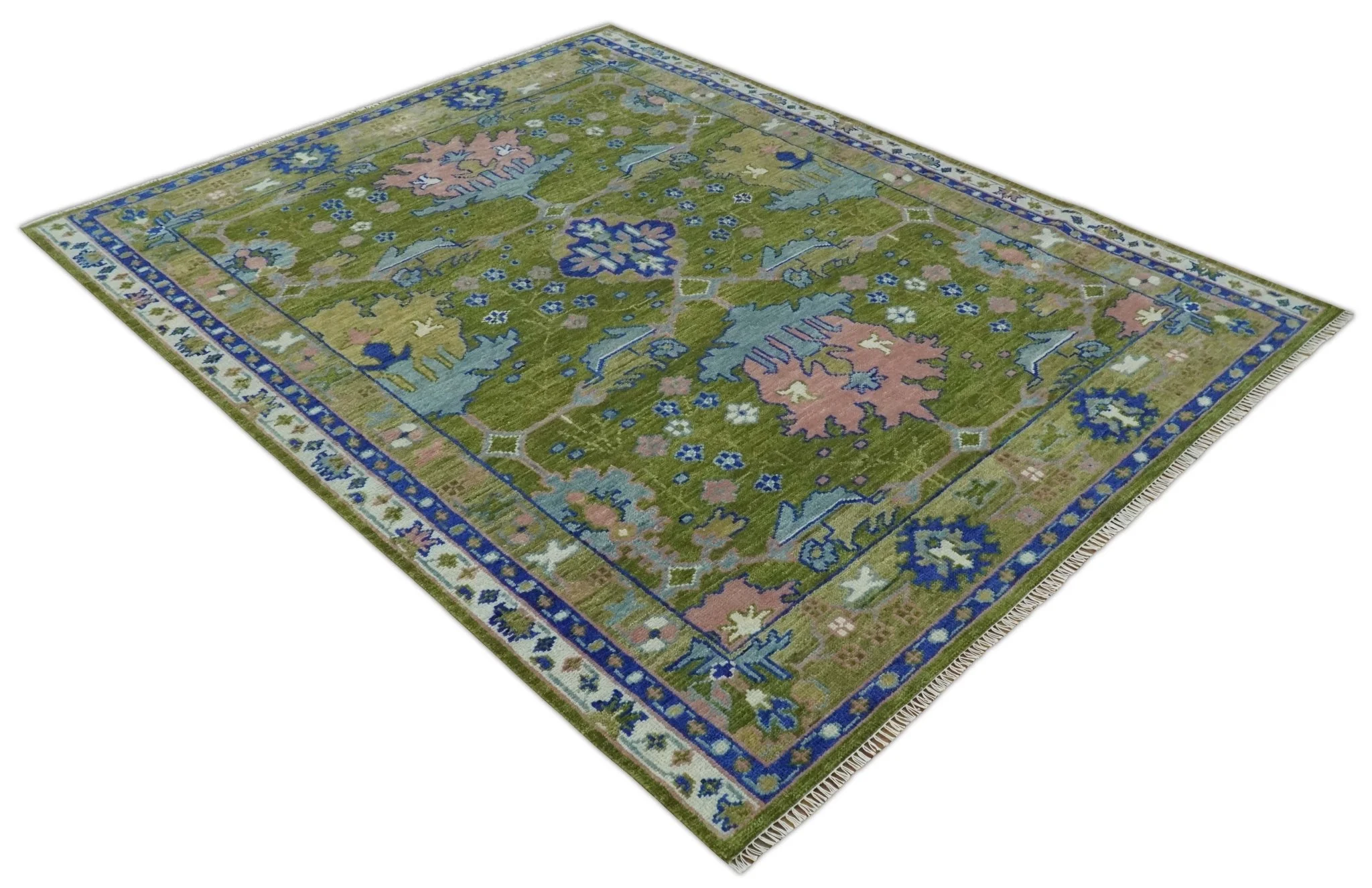 Multi size Moss Green, Blue and Peach Hand Knotted Vibrant colorful Donegal Wool Rug - Image 10