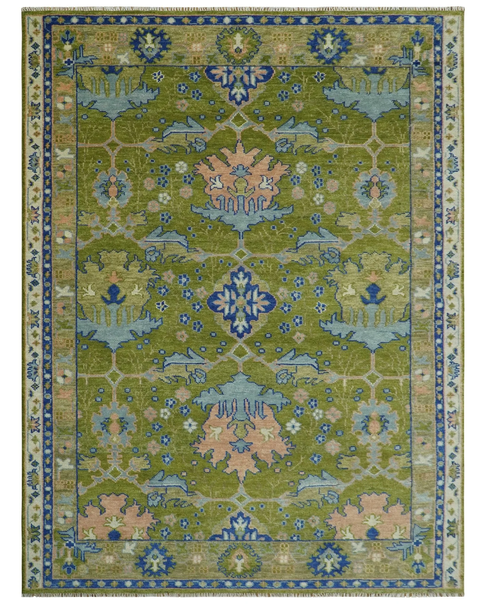 Multi size Moss Green, Blue and Peach Hand Knotted Vibrant colorful Donegal Wool Rug - Image 12