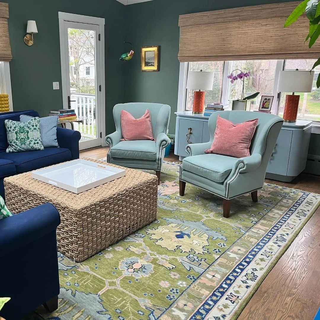 Multi size Moss Green, Blue and Peach Hand Knotted Vibrant colorful Donegal Wool Rug - Image 2