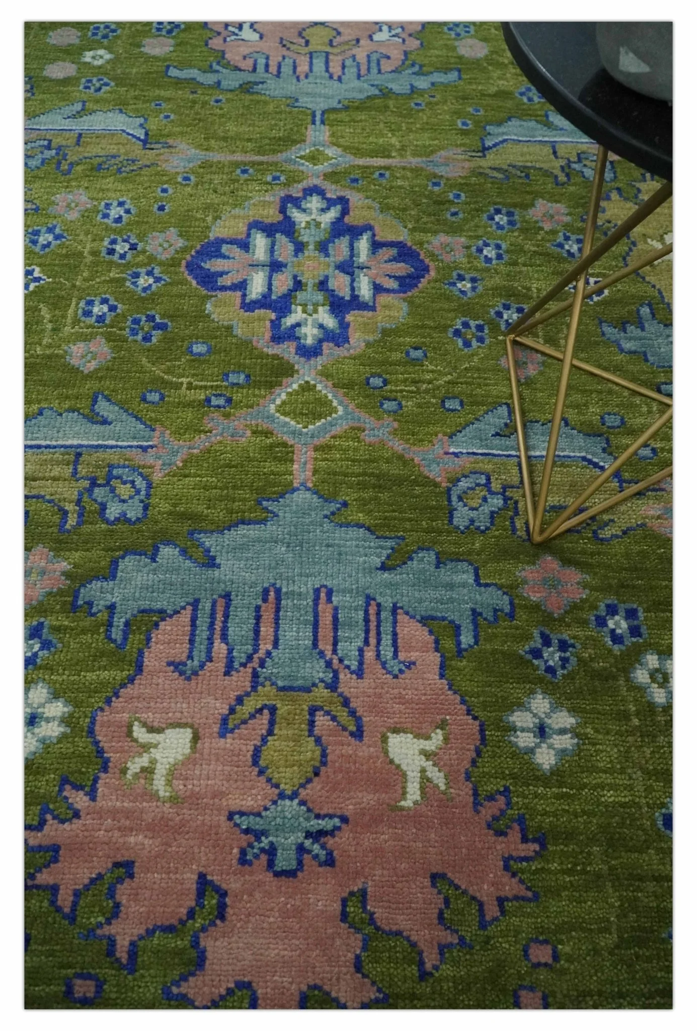 Multi size Moss Green, Blue and Peach Hand Knotted Vibrant colorful Donegal Wool Rug - Image 3