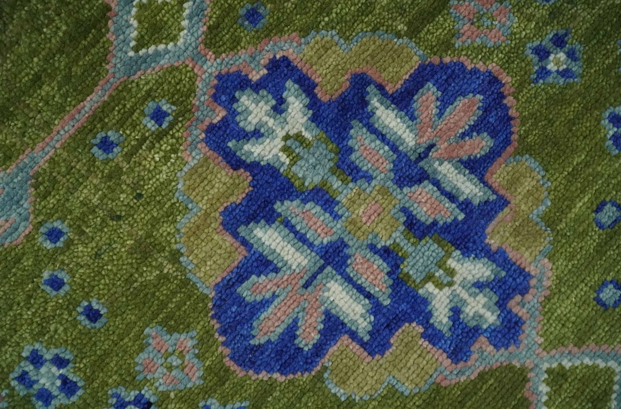 Multi size Moss Green, Blue and Peach Hand Knotted Vibrant colorful Donegal Wool Rug - Image 5