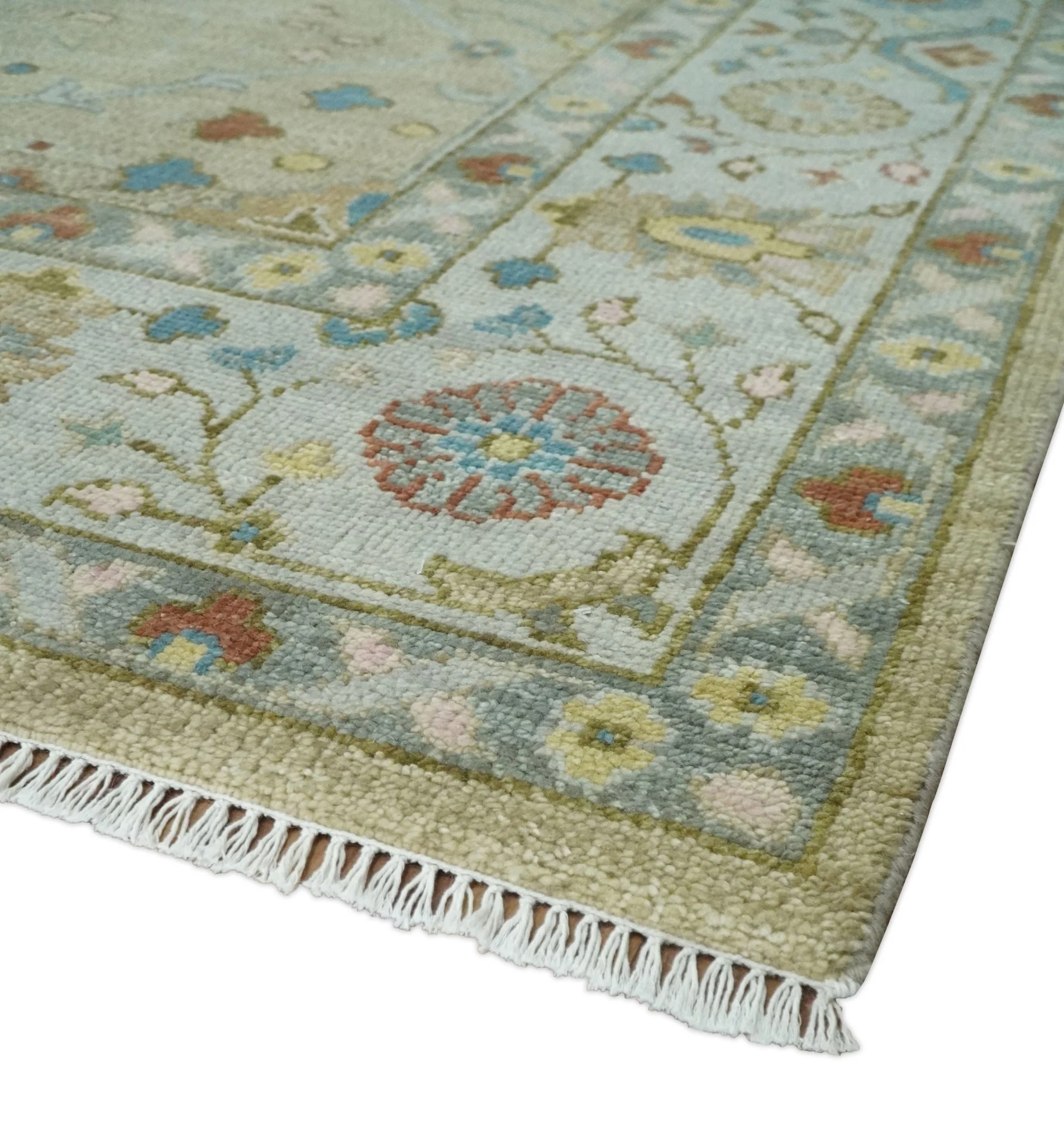 Hand Knotted Beige and Ivory Floral Traditional Traditional Oushak Multi Size Wool Area Rug - Image 5