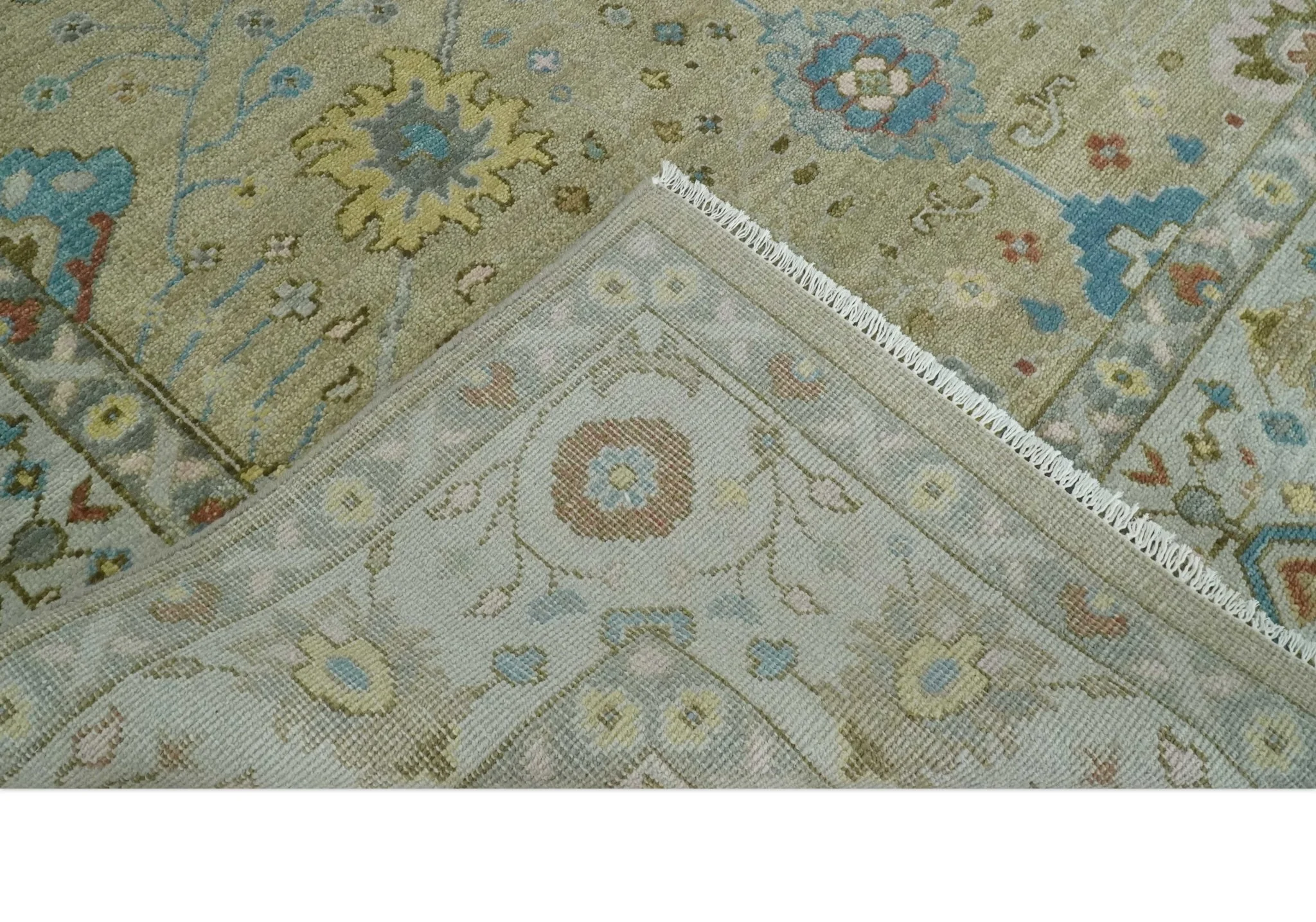 Hand Knotted Beige and Ivory Floral Traditional Traditional Oushak Multi Size Wool Area Rug - Image 6