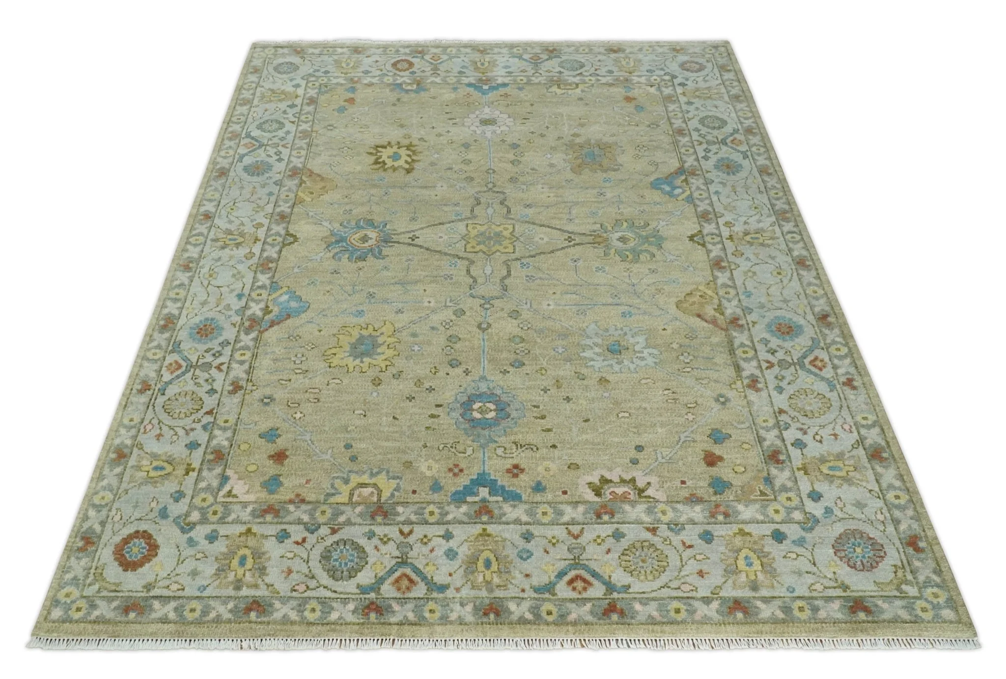 Hand Knotted Beige and Ivory Floral Traditional Traditional Oushak Multi Size Wool Area Rug - Image 9
