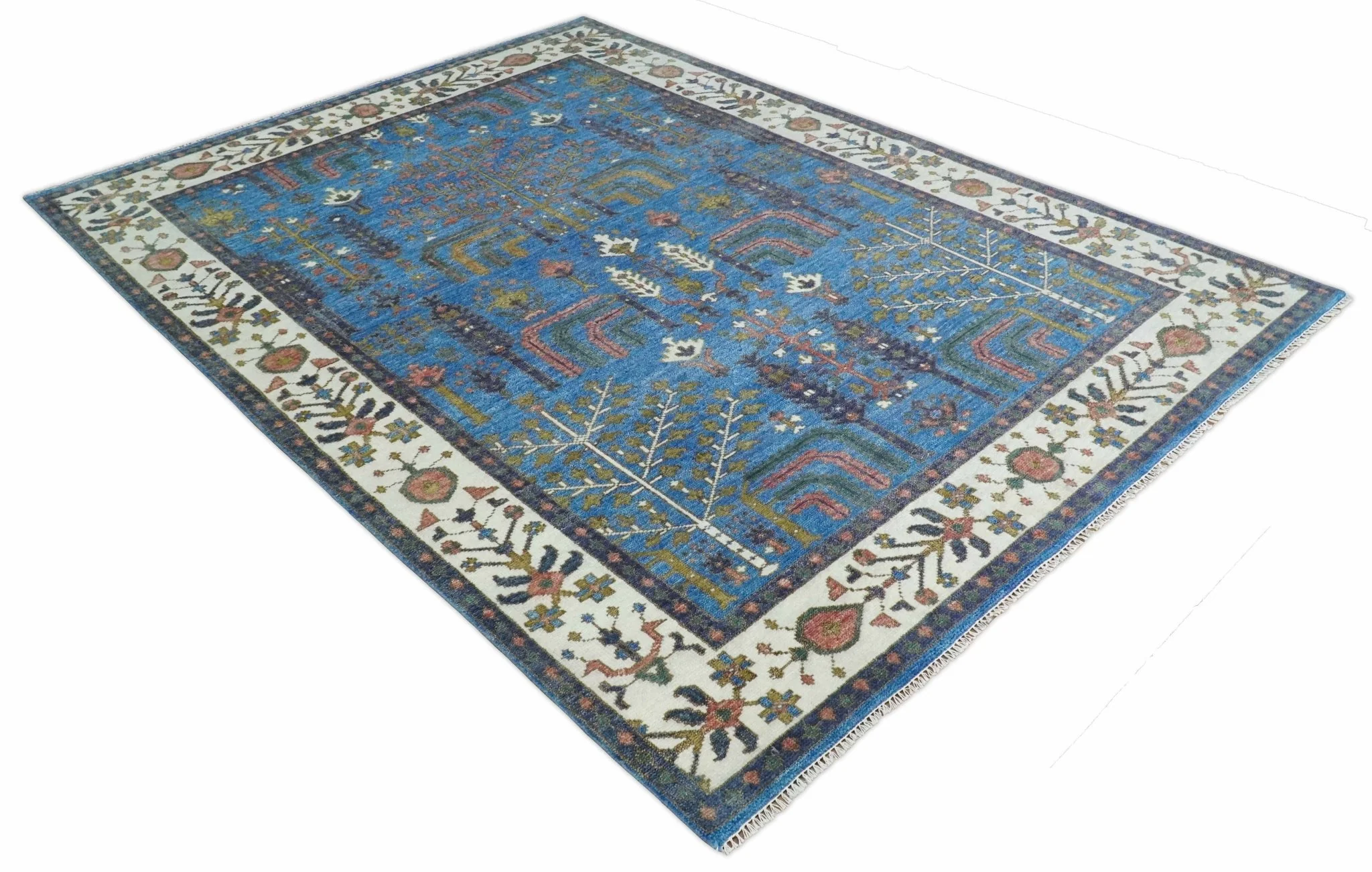 Tree of life Traditional Hand Knotted Blue and Ivory Multi Size Wool area Rug - Image 10