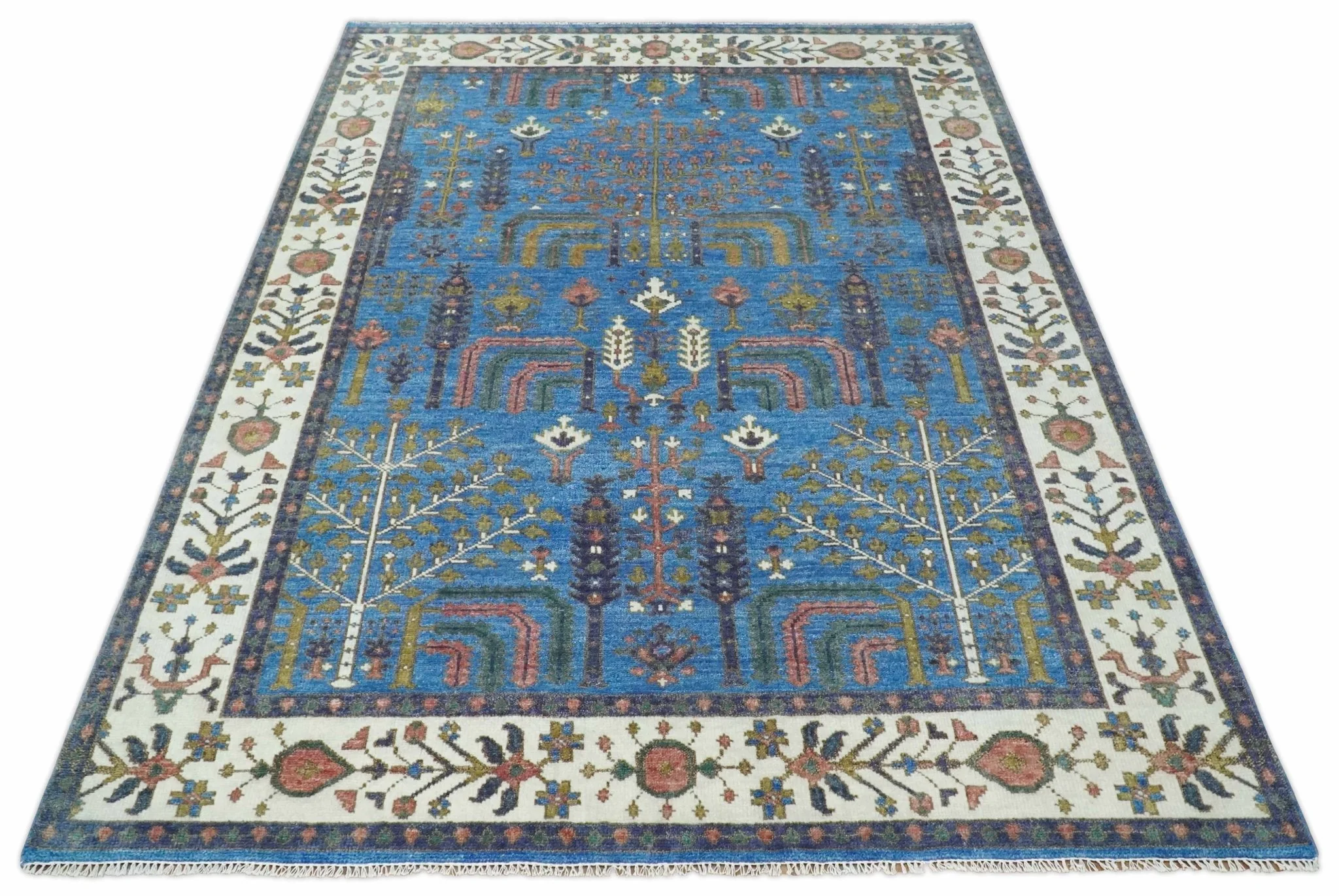 Tree of life Traditional Hand Knotted Blue and Ivory Multi Size Wool area Rug - Image 11