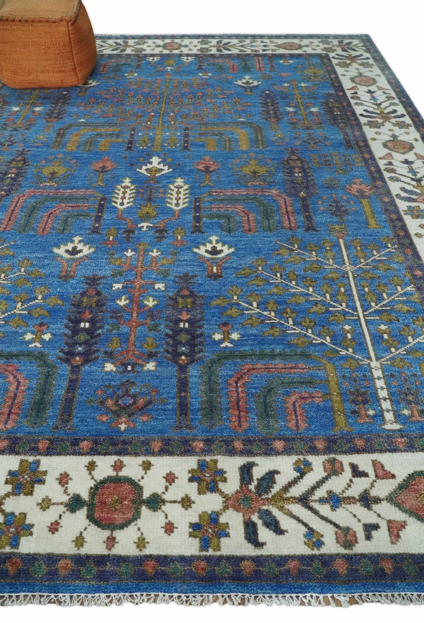 Tree of life Traditional Hand Knotted Blue and Ivory Multi Size Wool area Rug - Image 3
