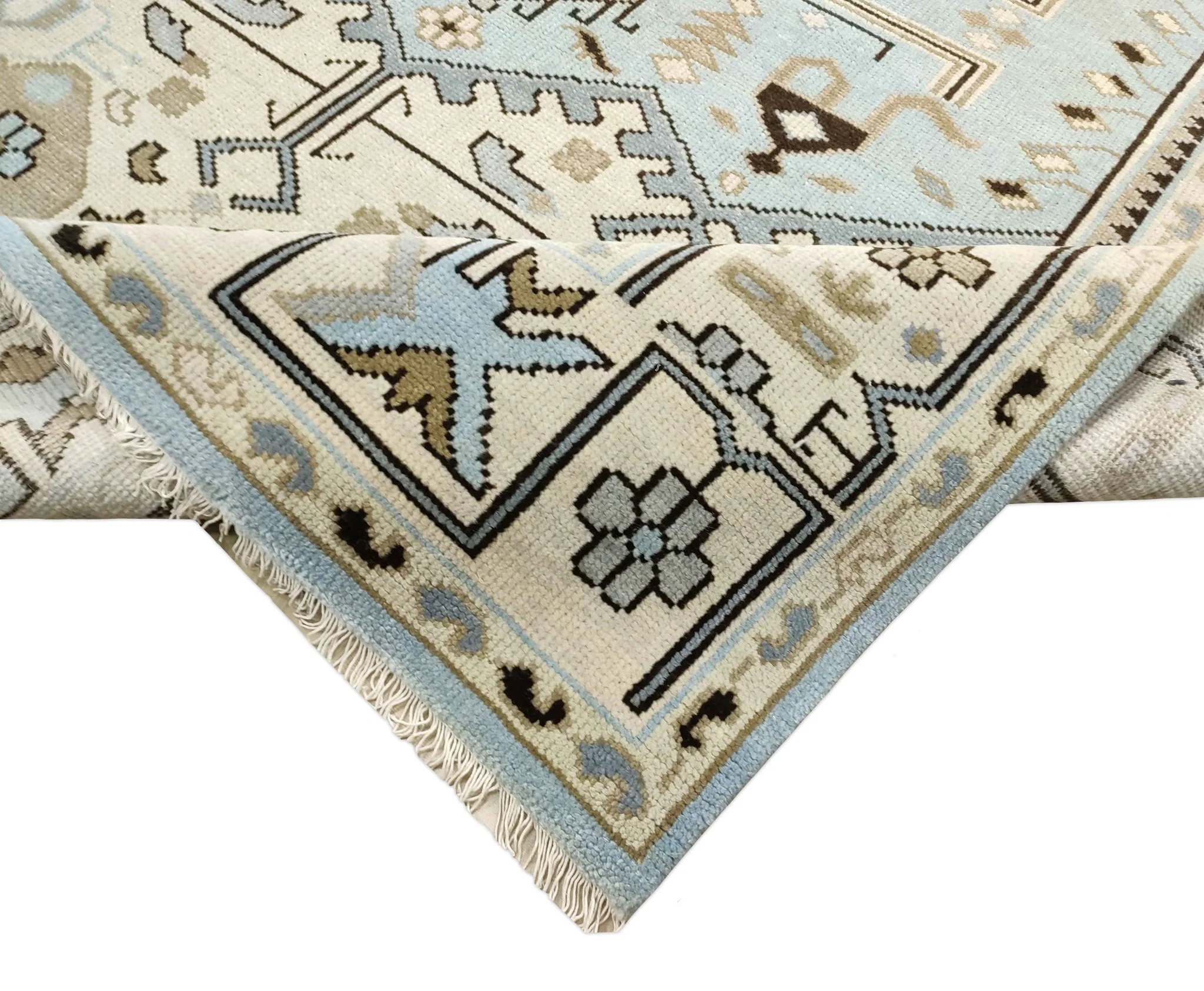 8x10 Hand Knotted Heriz Serapi Ivory and Blue Traditional Antique Persian Area Rug - Image 3