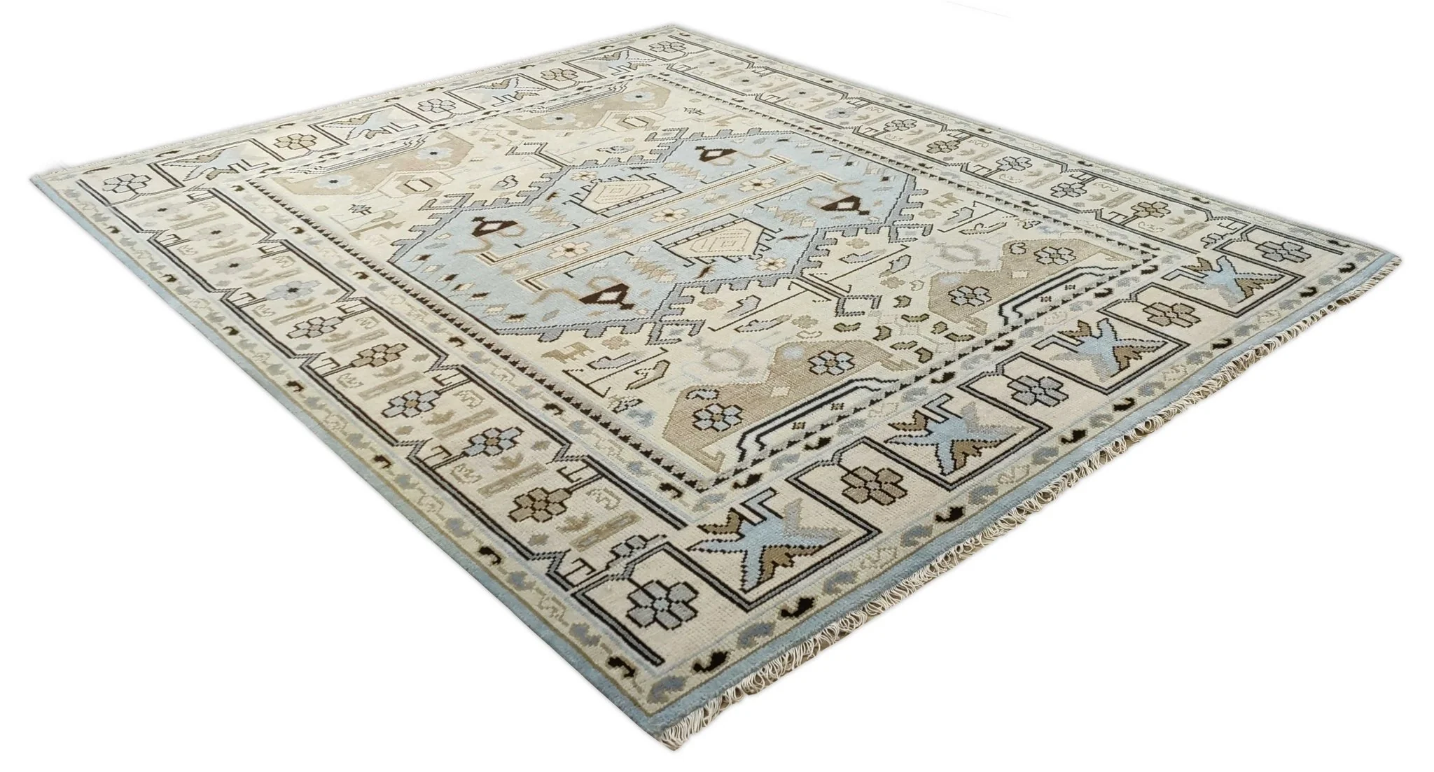 8x10 Hand Knotted Heriz Serapi Ivory and Blue Traditional Antique Persian Area Rug - Image 7