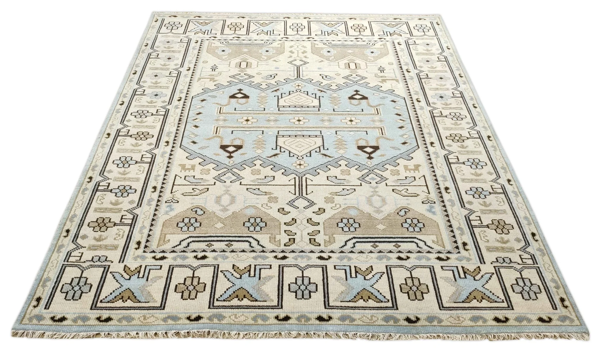8x10 Hand Knotted Heriz Serapi Ivory and Blue Traditional Antique Persian Area Rug - Image 8