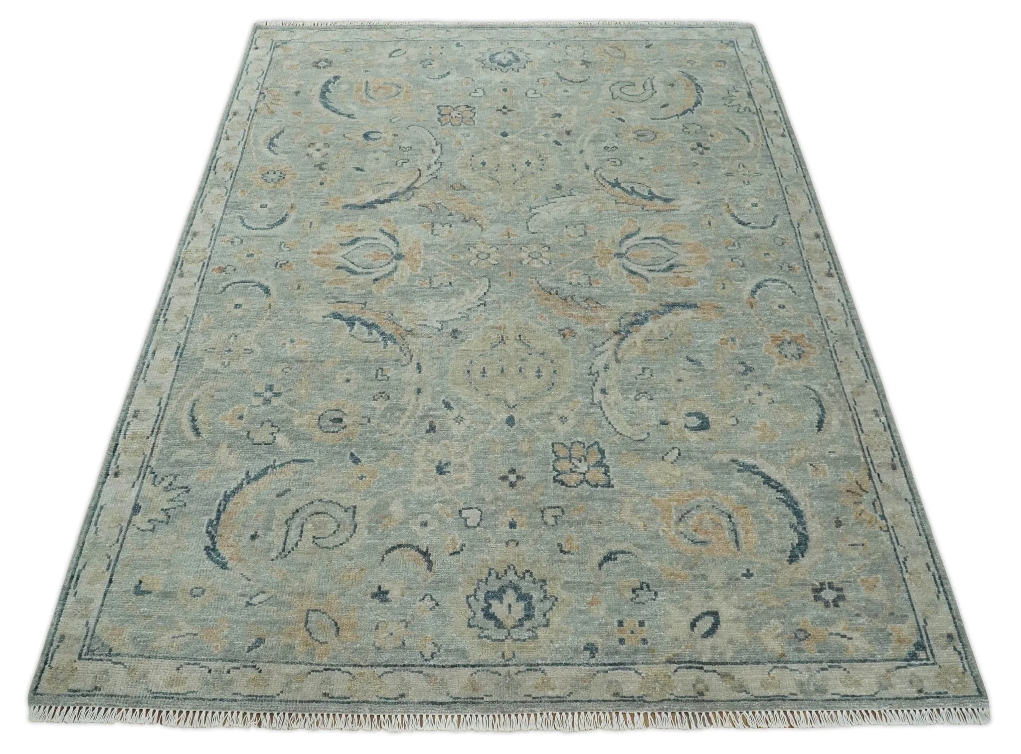 Custom Made Hand Knotted Silver and Blue Traditional Oushak Wool Rug - Image 10