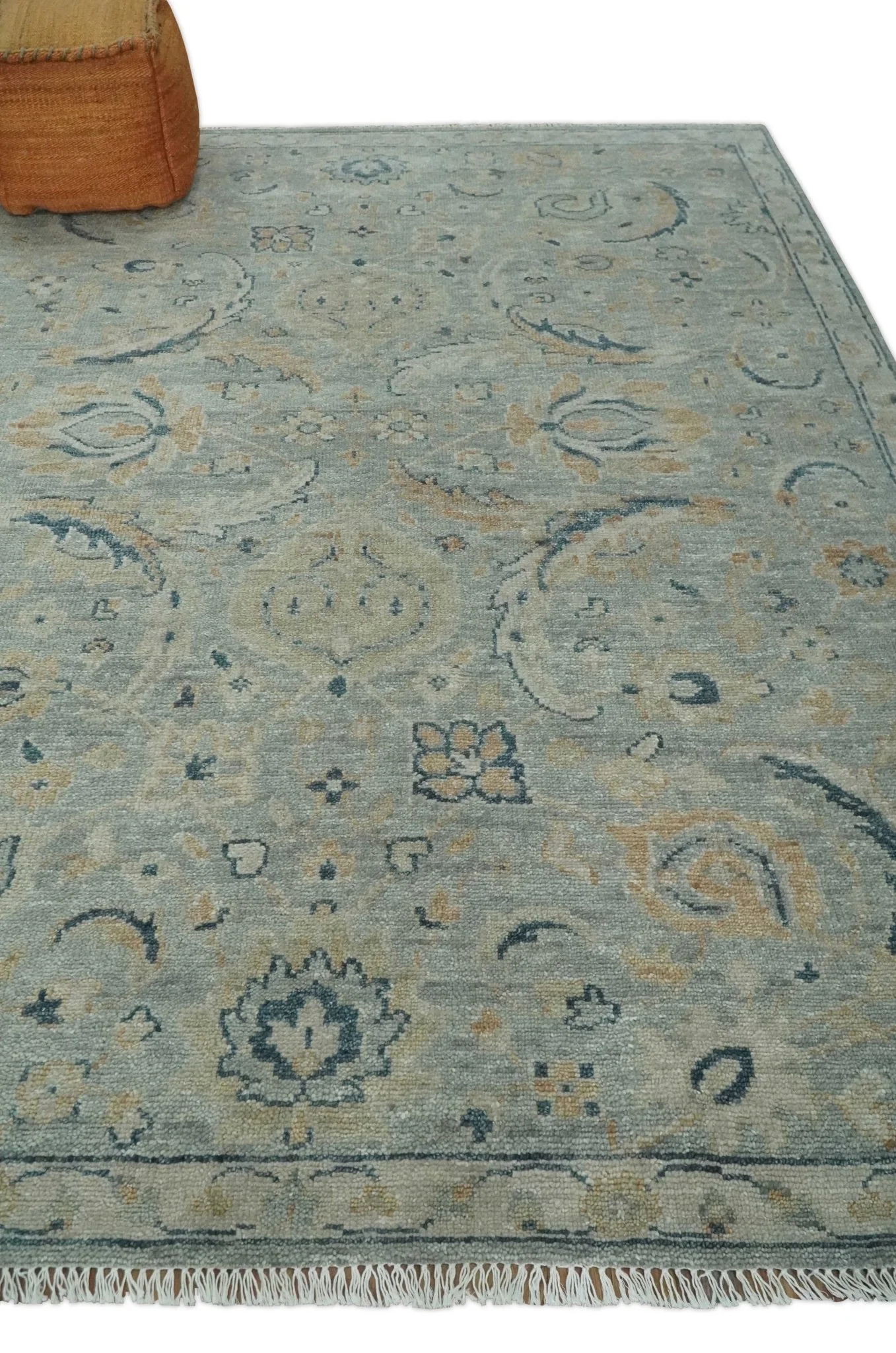 Custom Made Hand Knotted Silver and Blue Traditional Oushak Wool Rug - Image 3
