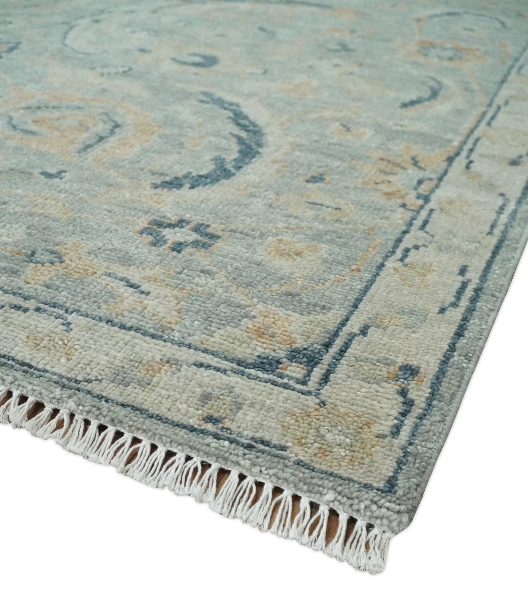 Custom Made Hand Knotted Silver and Blue Traditional Oushak Wool Rug - Image 5