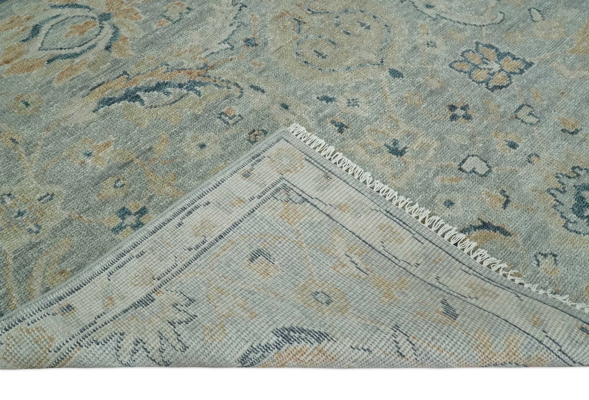 Custom Made Hand Knotted Silver and Blue Traditional Oushak Wool Rug - Image 7