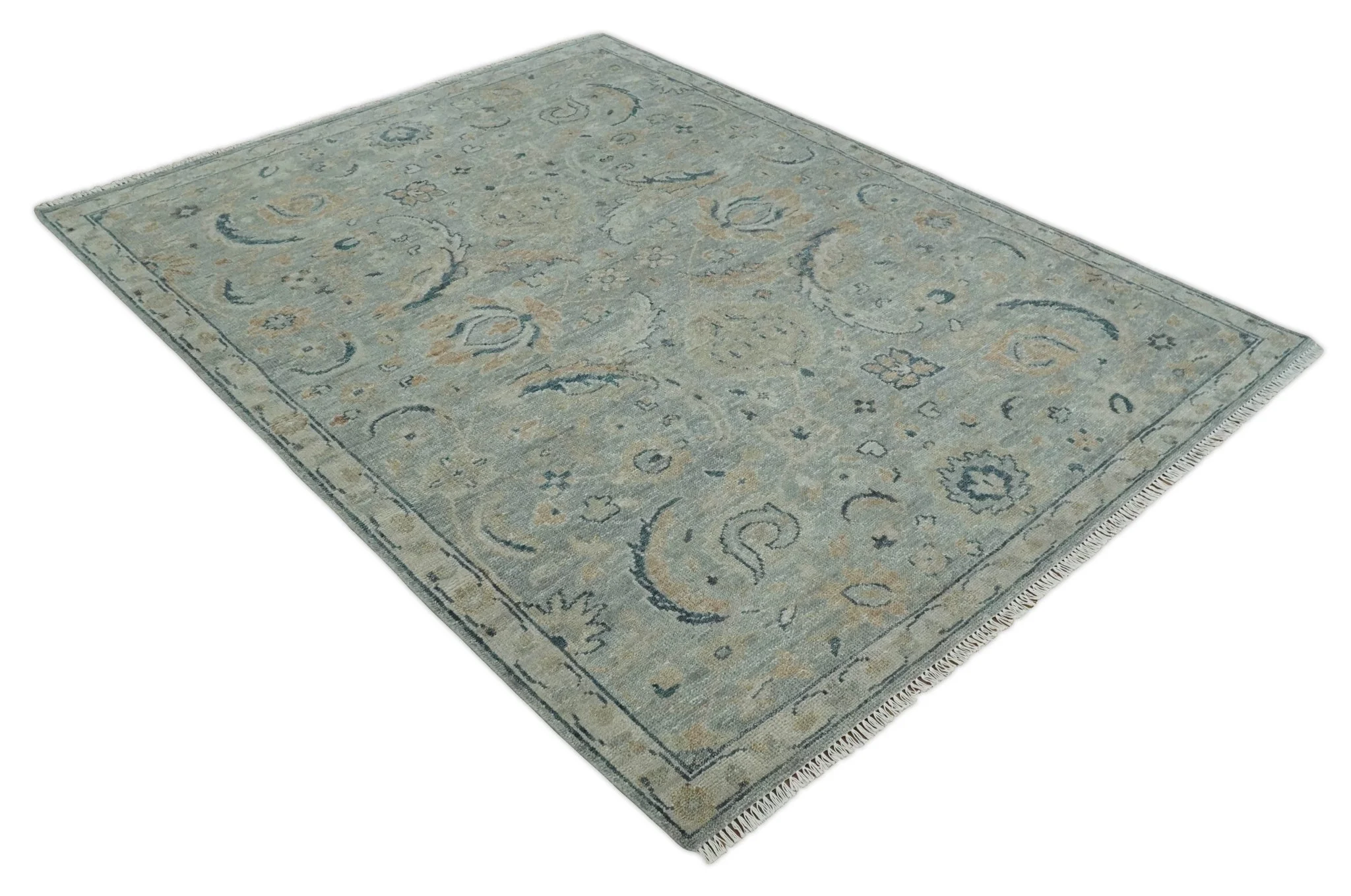 Custom Made Hand Knotted Silver and Blue Traditional Oushak Wool Rug - Image 9