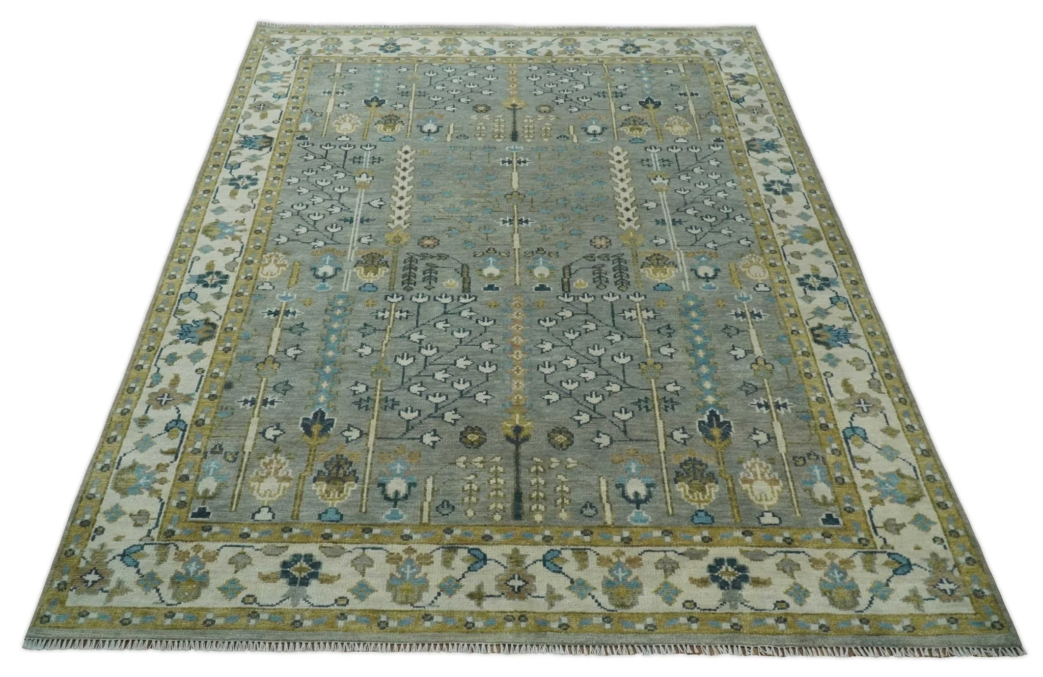 Tree of life Hand Knotted Silver, Ivory and Beige Traditional Vintage Style Custom Made Wool Rug - Image 10