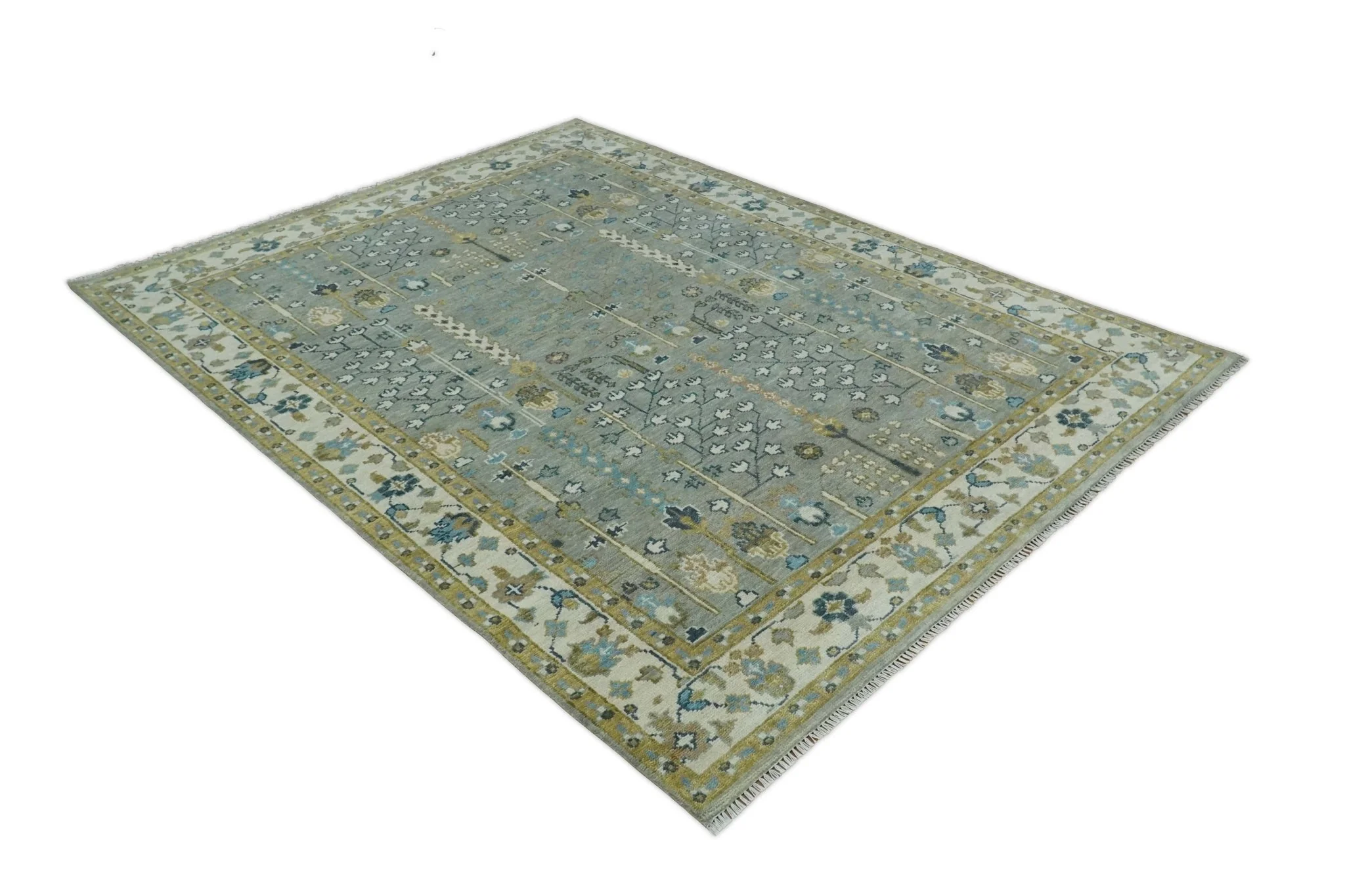 Tree of life Hand Knotted Silver, Ivory and Beige Traditional Vintage Style Custom Made Wool Rug - Image 9
